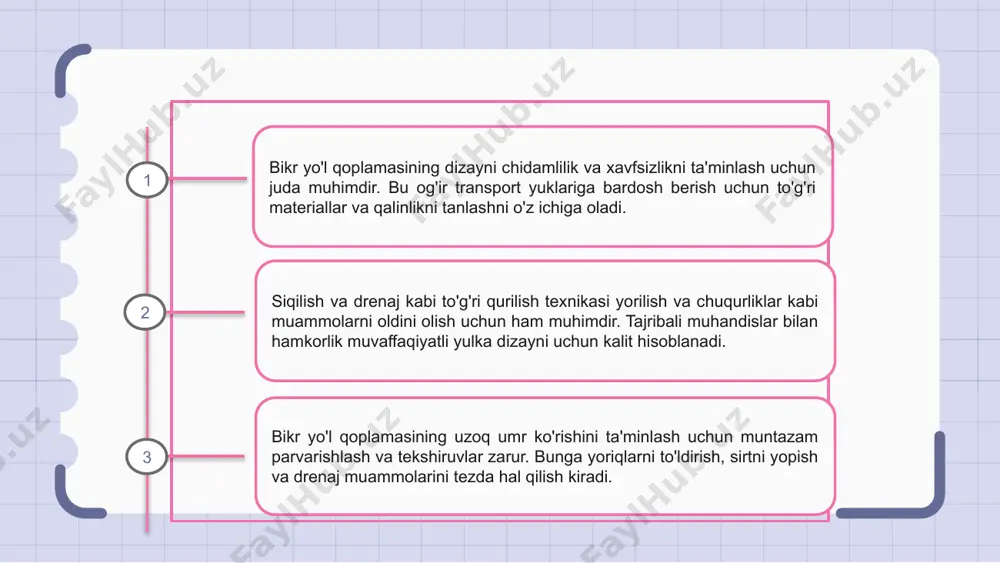 igi transport vositalari va piyodalar xavfsizligini ta'minlaydi va bu shahar yo'llari uchun ideal tanlovdir. 8 8-segment uchun bikr yo'l qoplamasi dizayni barcha foydalanuvchilar uchun chidamlilik va xavfsizlikni ta'minlash uchun ishlab chiqilgan. eng yangi texnologiyalar va materiallarni o'zida mujassam etgan ushbu dizayn yaxshi tutilish va sirpanish xavfini kamaytiradi. suv to'planishining oldini olish va qoplamaning ishlash muddatini uzaytirish uchun to'g'ri drenaj xususiyatlari ham kiritilgan.