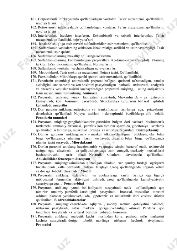 rinningfarmakodinamikasi,kullanilishivanojuyata’siri.antianginaltasirmexanizmi.nitroglitserinning va uzaytirilgan tasirli preparatlari.kullashga kursatmalar .nojuya tasirlari. 99. organik nitratlar. solishtirma xarakteristikasi. 100. nitroglitserinning farmakodinamikasi qo‘llanilishi va nojo‘ya tasirlari . 101. kalsiy kanallarini bloklovchi moddalarning antiangianal ta’sir mexanizmi 102. miokard infarktida dorivor terapiyaning asosiy prinsiplari. 103. miotrop ta’sir qiluvchi gipertenziya karshi moddalar, ta’sir mexanizmi. 104. renin-angiotenzin sistemasiga ta’sir qiluvchi gipertenziyaga qarshi moddalar. ta’sir mexanizmi, qo’llanilishi va nojuya ta’siri 105. apf ingibitorlari.tasir mexanizmi.preparatlar.farmakologik va nojuya tasirlari . qo‘llashga ko‘rsatmalar . 106. angiotenzin reseptorlari blokatorlari. tasir mexanizmi. preparatlar.farmakologik va nojuya tasirlari. apf ingibitorlaridan farki. qo‘llashga ko‘rsatma. 107. gipotenziv vositalar kaliy kanalllari aktivatorlari. tasir mexanizmi. preparatlar. qo‘llanilishi. 108. gipertonik krizni bartaraf etuvchi vositalar. 109. siydik xaydovchi moddalar ta’sir mexanizmiga ko‘ra tasnifi. 110. siydik xaydovchi moddalar.tasir mexanizmi buyicha tasnifi,tasir lokalizatsiyasi bo‘yicha va kimyoviy tuzilishi buyicha tasnifi. 111. «xalqali» diuretiklar.preparatlar.tasir mexanizmi. ko’rsatmalar.nojuya tasirlari. 112. tiazid va tiazidsimon siydik haydovchi vositalar. preparatlar.tasir mexanizmi.ko’rsatmalar, nojo’ya tasirlari 113. aldosteron antogonistlari va boshka kaliy saqlovchi siydik haydovchi vositalar.tasir …