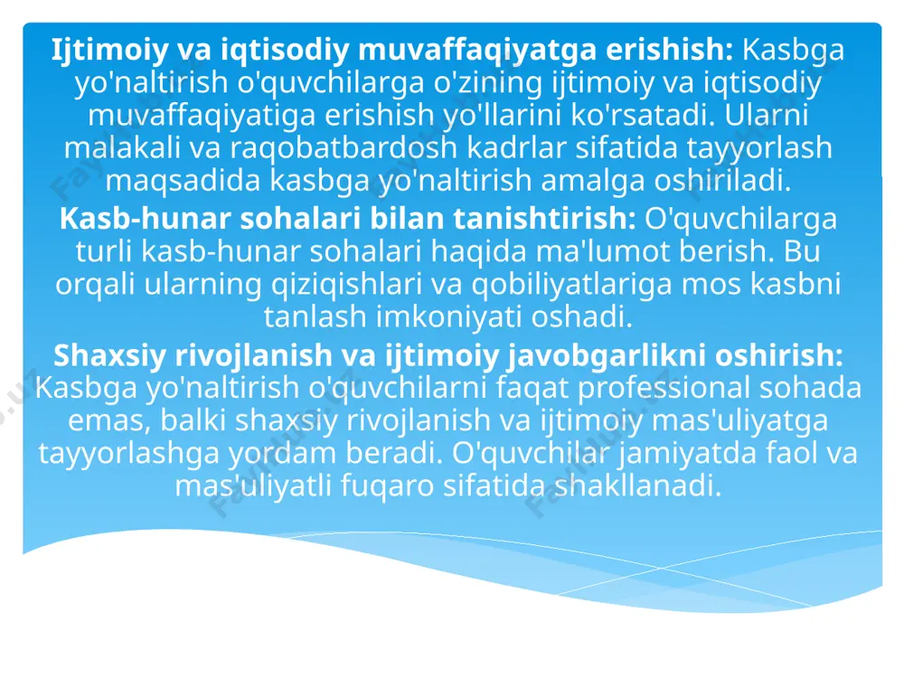 va intellektual testlar. ushbu testlar o'quvchining aqliy salohiyatini, mantiqiy fikrlashni, muammolarni hal qilish ko'nikmalarini va kreativligini baholaydi. misol uchun: iq testlari (intellektual salohiyat testi): o'quvchilarning mantiqiy fikrlash, tushunish va muammolarni hal qilish qobiliyatini o'lchaydi. psixologik testlar: o'quvchilarning psixologik holati, qiziqishlari, stressga chidamliligi va boshqa shaxsiy xususiyatlarini aniqlashga yordam beradi. 2. amaliy faoliyatlar va ko'nikmalarni baholash o'quvchilarning qobiliyatlarini amaliy faoliyatlar yordamida ham aniqlash mumkin. bu jarayonda o'quvchilarning kasbiy ko'nikmalari, texnik qobiliyatlari yoki ijodiy salohiyatlari baholanadi. misol uchun: san'at va musiqa: agar o'quvchi musiqa yoki san'at bilan shug'ullansa, uning ijodiy qobiliyatlari, badiiy didi va tasavvuri baholanadi. amaliy mashg'ulotlar: texnik va ilmiy sohalarda o'quvchilarga amaliy mashg'ulotlar berish orqali ularning qo'l mehnatiga qobiliyati va texnik bilimlari aniqlanadi. 3. qiziqishlar va motivatsiya o'quvchining qiziqishlari va motivatsiyasi uning qobiliyatlarini aniqlashda muhim omil hisoblanadi. o'quvchilarni turli sohalarda (sport, san'at, ilm-fan va boshqalar) ishtirok etishga undash orqali ularning qaysi sohalarga ko'proq qiziqish bildirayotganini aniqlash mumkin. bunda: anketalar va …