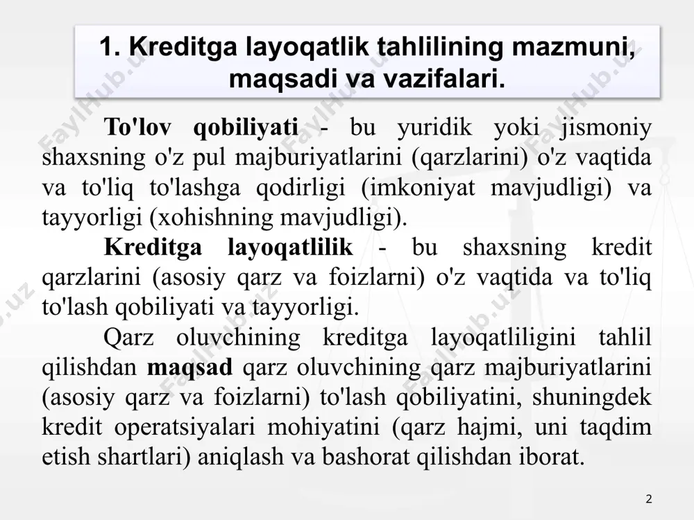 itga layoqatliligini baholash orqali risklarni kamaytirishga, kredit resurslarini oqilona joylashtirish orqali o’z daromadlarini oshirishga, moliyaviy barqarorligini mustaxkamlashga erishadilar. kreditga layoqatlilik ko’rsatkichlarini ikki tomonlama ko’rib chiqish lozim: 1. qarz oluvchi nuqtai nazaridan kreditga layoqatlilik darajasi - kredit shartnomasini tuzish imkoniyati, olingan kreditlarni o’z vaqtida qaytara olish qobiliyati bilan baholanadi. 2. bank nuqtai nazaridan, kreditga layoqatlilik darajasi korxonaga beriladigan kreditning hajmini to’g’ri aniqlay olish ma’suliyati inobatga olinadi. 6 3. kreditga layoqatlikni baholash va tahlil qilishning asosiy usullar. korxonalarning kreditga layoqatliligini baholash tartibi korxonalarning kreditga layoqatliligini o’rganishda kreditni o’z vaqtida va to’la qaytarish qobiliyatini ifoda etuvchi qoplanish koeffitsenti (qk) baholanadi. qk = (ja(390)-kdx(190)-kx(200) – mo’dq(211)) / jm(600) ja-joriy aktivlar, kdx-kelgusi davr xarajatlari, kx-kechiktirilgan xarajatlar, mo’dq-muddati o’tgan debitorlik qarzlari, jm-jami majburiyatlar. likvidlilik koeffitsienti (lk). lk = (pm(320) + qmi(370) + dq(210) – mo’dq(211)) / jm(600) pm - pul mablag’lari, qmi - qisqa muddatli moliyaviy qo’yilmalar, dq - debitorlik qarzlari, mo’dq - muddati o’tgan debitorlik …