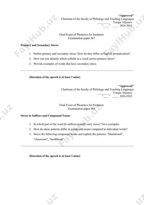 ted speech – assimilation 1. what is assimilation in connected speech? provide examples. 2. how does assimilation affect the pronunciation of sounds in connected speech? 3. give examples of both progressive and regressive assimilation in english. (duration of the speech is at least 3 mins) “approved” chairman of the faculty of philology and teaching languages _________ yorqin alijonov “____” ____ 2024-2025 final exam of phonetics for freshmen examination paper №14 aspects of connected speech – elision, flapping, glottal stop 1. explain the phenomenon of elision in connected speech with examples. 2. what is flapping, and when does it occur in american english? provide examples. 3. describe the glottal stop and provide examples of its use in british english. (duration of the speech is at least 3 mins) “approved” chairman of the faculty of philology and teaching languages _________ yorqin alijonov “____” ____ 2024-2025 final exam of phonetics for freshmen examination …