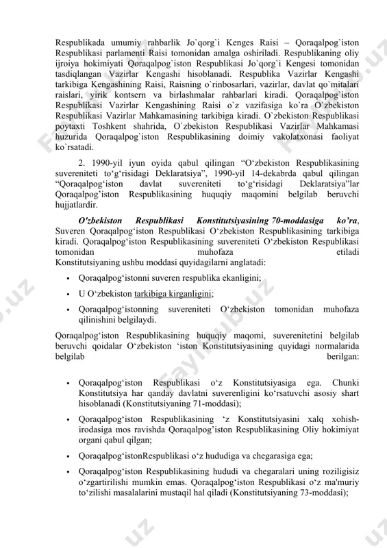 n ulkan ko`prik, qo`ng`irot avtomobil` yo`li, o`nlab umumta`lim maktablari va maktabgacha ta`lim muassasalari, litsey va kollejlar, bolalar sporti, bolalar musiqa va san`at maktablari singari ko`plab inshootlar – bularning barchasi istiqlol mevasidir. milliy avtomagistral qurilishida ro`y bergan ulkan voqealardan biri – bu shu yo`lning nukus shahriga kiraverishida yangi ko`prik va chorraha yo`lning qurilishidir. shuni ham alohida ta`kidlab o`tishimiz kerak, muhtaram birinshchi prezidentimizning tashabbusi bilan tamal toshi qo`yilgan ustyurt gaz-kimyo majmuasining qurilishi bugun dunyo xalqlari e`tiborini jalb etmoqda. eng muhimi, qoraqalpoq xalqi asrlar davomida orzu qilib, intilib kelgan ezgu maqsadiga etdi – ozod va erkin, tinch-osuda hayotga erishdi, o`z tarixi, madaniy merosi, milliy an`ana va qadriyatlarini tiklash, rivojlantirish, o`zligini anglash imkoniga ega bo`ldi. qoraqalpog`iston respublikasi o`zbekistonning shimoliy-g`arbiy qismida, amudaryoning quyi qismi, orol dengizining janubiy sohilida joylashgan. respublika janubi-g`arb tomondan qoraqum sahrosiga tutashgan. uning shimoliy-g`arbida ustyurt tekisligi, shimoliy-sharqiy tomonida esa qizilqum sahrosi yastanib yotibdi. orol dengizining janubiy hududi qoraqalpoq zaminida joylashgan. qoraqalpog`istonning umumiy …