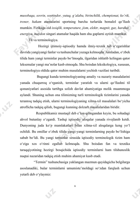 isoniy birlik, bir so‘z yoki birikmadir; 1. termin – konkret narsa-predmet, ashyo, mavhum tushunchalarning maxsuslashtirilgan nomidir; 1. termin uchun muayyan ta’rif (definitsiya) zaruriydirki, uning yordamida tegishli tushuncha mazmunini aniqroq ifodalash, tushunchaning birini ikkinchisidan chegaralab ajratish imkonini beruvchi, ayni mahalda ma’lum tushunchani muayyan tasnifiy qatorga joylashtirishga yo‘l qo‘yuvchi, farqlovchi belgilarni ravshanroq ko‘rsatish mumkin. demak, terminologiya muayyan fanning tushunchalar tizimi bilan o‘zaro munosabatda bo‘lgan terminlar jami sifatida ta’riflanadi. har qanday tushunchalar tizimiga muayyan terminlar tizimi to‘g‘ri keladi. terminologik tizimlar fan taraqqiyoti bilan birgalikda rivojlanib boradi. terminlar umumiste’moldagi so‘zlardan farqli ravishda joriy qilinib ularning qo‘llanishi ma’lum darajada nazorat ostida bo‘ladi. “terminlar paydo bo‘lib qolmaydi”, aksincha, ularning zaruriyati anglangan holda “o‘ylab topiladi”, “ijod qilinadi”. masalan, bo‘lajak iqtisodchilarning yozma yoki og‘zaki nutqida kartel, kliring, tovar oboroti, mayda mulkchilik, mablag‘ ajratish, renta kabi tor doiradagina qo‘llaniladigan terminlar ishlatilishi tabiiy bir holdir. o‘z-o‘zidan ayonki, bu xildagi terminlar iqtisodiyotdan uzoqroq biror kasb egasining nutqida ishlatilmaydi. shu bilan birga, …