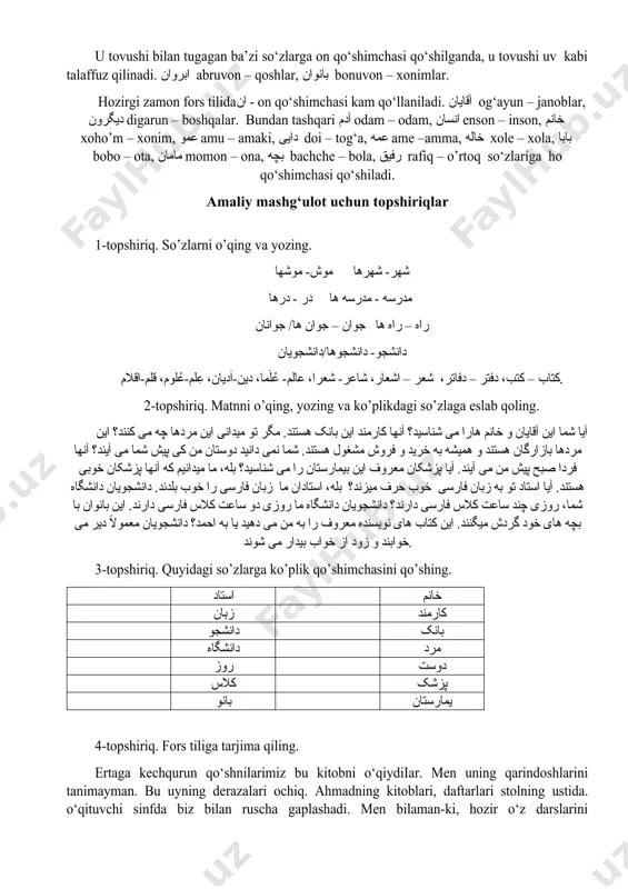 ugagan bo‘lsa bir گ g orttiriladi. نویسندگان nevisandegon – yozuvchilar, تشنگان teshnegon – tashnalar. u tovushi bilan tugagan ba’zi so‘zlarga on qo‘shimchasi qo‘shilganda, u tovushi uv kabi talaffuz qilinadi. ابروان abruvon – qoshlar, بانوان bonuvon – xonimlar. hozirgi zamon fors tilidaان - on qo‘shimchasi kam qo‘llaniladi. آقایان og‘ayun – janoblar, دیگرون digarun – boshqalar. bundan tashqari آدم odam – odam, انسان enson – inson, خانم xoho’m – xonim, عمو amu – amaki, دایی doi – tog‘a, عمه ame –amma, خاله xole – xola, بابا bobo – ota, مامان momon – ona, بچه bachche – bola, رفیق rafiq – o’rtoq so‘zlariga ho qo‘shimchasi qo‘shiladi. amaliy mashg‘ulot uchun topshiriqlar 1-topshiriq. so’zlarni o’qing va yozing. شهر- شهرها موش- موشها مدرسه - مدرسه ها در - درها راه – راه ها جوان – جوان ها/ جوانان دانشجو- دانشجوها/دانشجویان کتاب – کتب، دفتر – دفاتر، شعر – اشعار، شاعر- شعرا، عالم- عُلَما، دین-اَدیان، عِلم-عُلوم، قلم-اقلام. …