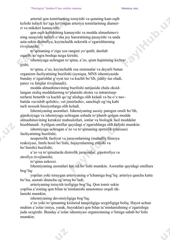 vazopressin, prostaglandinlarning e gruppasi, tromboksan a2, katexolaminlar) yoki tomir devorining ularga bo‘lgan sezgirligi oshib ketishi (tomir devorida №+, sa++ oshganda )asosiy rol o‘ynaydi. a’zo yoki to‘qimaga qon oqib kelishining kamayishi qon oqimiga quyidagi to‘sikdar bo‘lganda rivojlanishi mumkin: tomirning qisilishi – kompressiya (o‘sma, chandiq, shishgan to‘qima, jgut); arteriolaning ichdan yopilishi - obturatsiya (tromb, embol, qon hujayralarining agregati bilan). yuqoridagi mexanizmlardan tashqari, a’zo va to‘qimalarda kislorodga va modda almashinuvi mahsulotlariga bo‘lgan talabi me’yoridan oshib ketganda ham ishemiya rivojlanadi. bunda aytilgan mahsulrtlarning ishlatilishi ularning qon orqali oqib kelishidan yuqori bo‘ladi. bunday holat ko‘pincha a’zo yoki to‘qimaning faoliyati kuchayganda yoki modda almashinuvi tezlashganda bo‘ladi.bunday ishemiyaga kuchli jismoniy ish bajarganda yoki emotsional zo‘riqishlarda rivojlanadigan miokard ishemiyasini misol qilib ko‘rsatish mumkin. emotsionad zo‘riqishda ortiqcha ishlab chiqarilgan katexolaminlar ta’sirida yurak ishi kuchayib ketadi. bunday sharoitda koronar arteriyalar orqali miokardga qon oqib kelishi ortadi. lekin yurakning ishlashi bunga qaraganda ko‘proq oshadi. natijada, miokard ishemiyasi stenokardiya xurujlari ko‘rinishida namoyon …