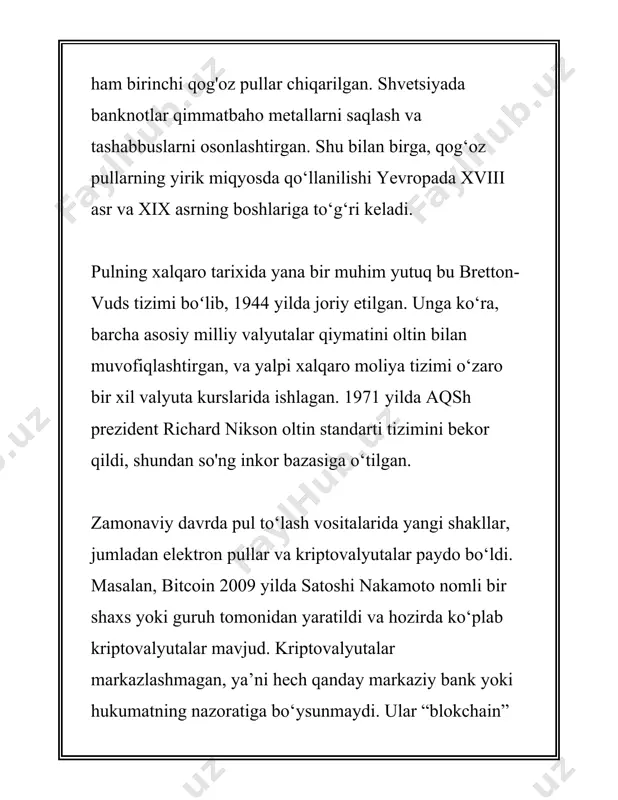 iqtisodiyotda keng ko'lamda foydalaniladi va to'lov vositasi sifatida katta muhim ahamiyatga ega. naqd pul asosan jismoniy savdolarda, bozor muomalalarida qo‘llaniladi va ko‘pincha elektron vositalardan uzoq bo‘lgan joylarda asosiy to‘lov vositasi vazifasini o‘taydi. 2. **elektron pul:** elektron pul zamonaviy texnologiyalar yordami bilan vositalashgan, raqamli ko‘rinishdagi moliyaviy aktivdir. ular quyidagilar kiradi: - **bank kartalari:** kredit va debet kartalari orqali yuritiladi. ular naqd pulga alternativa bo'lib, savdo va xizmat ko'rsatishlarning ko'pchiligi uchun qulaylik va xavfsizlikni ta'minlaydi. - **to'lov tizimlari:** paypal, apple pay, google wallet kabi raqamli to'lov tizimlari ham elektron pul vositalariga kiradi. bu xizmatlar orqali odamlar global miqyosda to'lovlarni amalga oshirishlari mumkin. elektron pul turli bank hisob raqamlari, elektron hamyonlar orqali saqlangan va o‘tkazilgan mablag’larni ifodalaydi. u an’anaviy naqd pulga nisbatan qulayroq va tezkor hisoblanadi, ayniqsa xalqaro to‘lovlarda. 3. **virtual valyutalar:** virtual valyutalar to'liq raqamli ko'rinishga ega bo'lib, markazlashmagan va odatda, biror iqtisodiy tizim yoki davlat tomonidan nazorat qilinmaydi. bu turda, asosan …