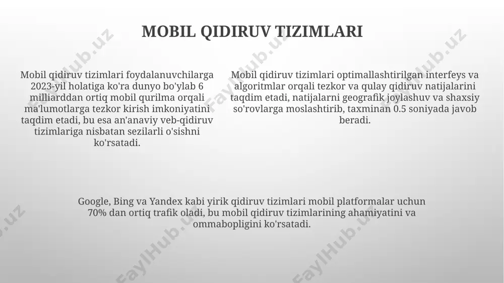 lgoritmlar yordamida natijalarni reytinglash va taqdim etadi. maxsus qidiruv tizimlari esa, faqat ma’lum bir sohada (masalan, ilmiy adabiyotlar, huquqiy ma’lumotlar) yoki ma’lum bir formatdagi ma’lumotlarni (masalan, pdf fayllar) qidirishga moʻljallangan boʻlishi mumkin. kalit so'zlar va ularning ahamiyati kalit so'zlar qidiruv natijalarining 70% dan ortig'ini aniqlaydi va foydalanuvchining qidiruv so'rovini tushunishda muhim rol o'ynaydi, shuning uchun ularni aniq tanlash juda muhim. o'rtacha qidiruv so'rovi 2-4 ta kalit so'zdan iborat bo'lib, bu so'zlarning tezligi va tegishliligi qidiruv natijalarining sifatiga bevosita ta'sir qiladi. o'rtacha qidiruv so'rovi 2-4 ta kalit so'zdan iborat bo'lib, bu so'zlarning tezligi va tegishliligi qidiruv natijalarining sifatiga bevosita ta'sir qiladi. ixtisoslashgan qidiruv tizimlari ixtisoslashgan qidiruv tizimlarining samaradorligi, tegishli so'z birikmalarini va filtrlash parametrlarini to'g'ri qo'llashga bog'liq bo'lib, qidiruv natijalarining aniqligini 90% gacha oshirishi mumkin. ixtisoslashgan qidiruv tizimlari, masalan, google scholar yoki pubmed, o'ziga xos ma'lumot turlarini (ilmiy maqolalar, tibbiy adabiyotlar) indekslaydi va 10 millionlab hujjatlar orasidan tegishli natijalarni aniqlashga yordam …