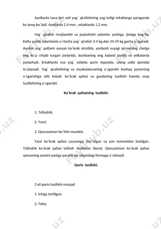 l tip uchraydi. 1. lentozom; 2. normal; 3. rubentsov tiplari. 2-gruppa: yog` qatlami notekis taqsimlangan. bu gruppada 2 xil tip bor: 1. yog` qatlamining gavdaning yuqori qismida bo`lishi; 2. yog` qatlamining gavdaning pastki qismida bo`lishi. 3-gruppa: yog` qatlamining tanada yoki qo`l-oyoqlarda ko`p bo`lishi. bu gruppada 2 xil tip uchraydi: 1. tanada yog` qatlamining ko`p bo`lishi; 2. qo`l va oyoqlarda yog` qatlamining ko`p bo`lishi. 4-(qo`shimcha) gruppa: bu gruppada gavda tuzilishining qo`shimcha tiplari uchraydi. yog` qatlamining ko`krak sohasida va sonlarda ko`p bo`lishi. buyo`q tadqiqotchi galant taklif etgan sxema faqatgina yog` qatlamining darajasiga emas, balki boshqa bir qancha morfologik belgilarga, ya‘ni muskulaturaning rivojlanganligi darajasi va mutanosiblikka asoslangan. galant har birida 2-3 tip uchraydigan gavda tuzilishining 3 turini taklif qiladi: 1. leptozom – ensiz. bunga: a) astenik; b) stenoplastik tiplari kiradi. 2. mezozom – enli gruppa. bunga: a) piknik; b) mezoplastik tiplari kiradi. 3. megalozom. bunga 3 ta tip kiradi: a) atletik; b) subatletik; …