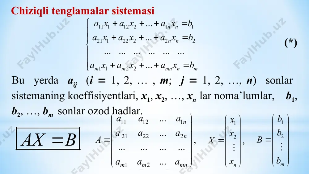 lar soni bazis minorlar soniga teng bo‘ladi. bu yerda n  noma’lumlar soni, r  rang. ta’rif. teorema. faqat bazis o‘zgaruvchilari noldan farqli bo‘lishi mumkin bo‘lgan yechim tenglamalar sistemasining bazis yechimi deyiladi. ushbu sistemada a) noma’lumlarni bazis va erkli o‘zgaruvchilarga ajratish usuli sonini aniqlang; b) bazis yechimlarini toping. bazis o‘zgaruvchilar ikkita, ta bazis guruh mavjud. m. erkli o‘zgaruvchilar uchta. demak, demak, 1) x1 va x2  bazis; x3, x4, x5  erkli. 2) x1 va x4  bazis; x2, x3, x5  erkli. 3) x2 va x3  bazis; x1, x4, x5  erkli. 4) x2 va x5  bazis; x1, x3, x4  erkli. 5) x3 va x4  bazis; x1, x2, x5  erkli. 6) x4 va x5  bazis; x1, x2, x3  erkli. endi bazis yechimlarni topamiz: xuddi shu usul bilan qolgan bazis yechimlarni ham topamiz: e’tiboringiz uchun raxmat image2.wmf image3.wmf image4.wmf image5.wmf image6.wmf oleobject5.bin oleobject1.bin …