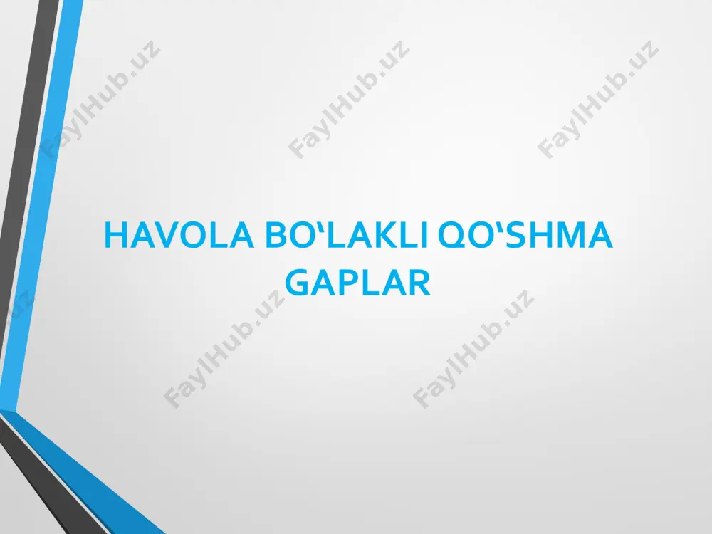 2 havola bo‘lagi real gaplarda havola bo‘lak tushib qolmaydi: shunday odamlar borki, havasing keladi. nimani o‘ylasang, shu amalga oshadi. havola bo‘lagi noreal gaplarda havola bo‘lak tushib qoladi: odam borki, odamlarning naqshidir. (shunday) kimki vafo qolsa, vafo topqusidir. (u) farqlash lozim • mas’uliyatli bo‘lsang, hammasiga erishasan. • havola bo‘laksiz shart ergash gapli qo‘shma gap • kim mas’uliyatli bo‘lsa, u hammasiga erishadi. • ikki havola bo‘lakli ega ergash gapli qo‘shma gap • ikki havola bo‘lakli gaplarda: 14 havola bo‘laklarning vazifasi bir xil bo‘lsa, simmetrik hisoblanadi: 1.kim mas’uliyatli bo‘lsa, u hurmat topadi 2.qayerda tartib bo‘lsa, o‘sha yerda natija bo‘ladi. 3. nimani xohlasang, shuni ol. havola bo‘laklarning vazifasi har xil bo‘lsa, asimmetrik(nomutano sib) hisoblanadi: 1.kim mas’uliyatli bo‘lsa, uni hurmat qilishadi 2.qayerda tartib bo‘lsa, o‘sha yerdagi odamlar omadli bo‘ladi. 3. nimani xohlasang, shu seniki. • ergashgan qo‘shma gaplarda: 15 mustaqil (avtosemantik) gaplar mazmunan nisbiy mustaqil bo‘ladi: shu aniqki, bugun havo ochiq bo‘ladi. – bir havola …