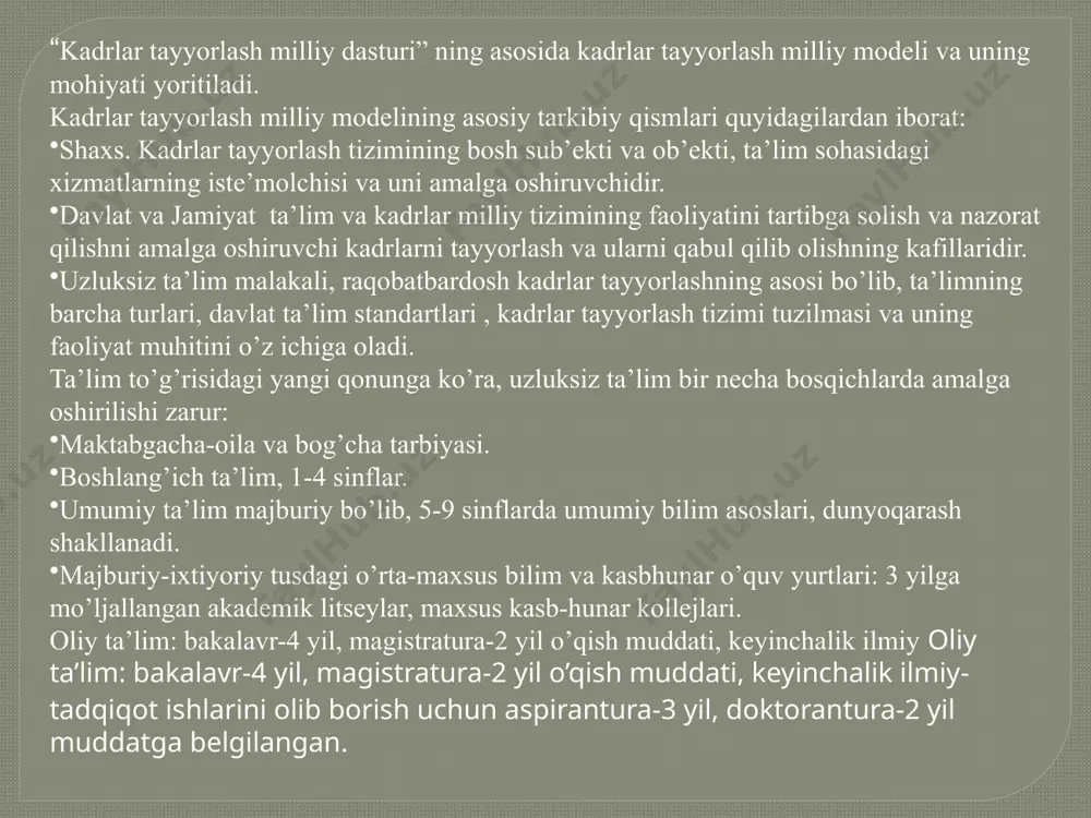 usdagi o’rta-maxsus bilim va kasbhunar o’quv yurtlari: 3 yilga mo’ljallangan akademik litseylar, maxsus kasb-hunar kollejlari. oliy ta’lim: bakalavr-4 yil, magistratura-2 yil o’qish muddati, keyinchalik ilmiy­ oliy ta’lim: bakalavr-4 yil, magistratura-2 yil o’qish muddati, keyinchalik ilmiy­tadqiqot ishlarini olib borish uchun aspirantura-3 yil, doktorantura-2 yil muddatga belgilangan. ta’lim­tarbiya, ilm­fan sohasidagi islohotlar bosqichma­bosqich amalga oshirilishi zarur. 1997-2001 yy. o’tish davri 2000-2005 yy. islohotni keng miqyosda amalga oshirish davri. 2005 yildan keyin kadrlar tayyorlash tizimini takomillashtirish va yanada rivojlantirish davri. 1997 yildan boshlab 1400 dan ortiq kasb-xunar kolleji va 200 ga akademik litsey bunyod etildi. istiqlol yillarida maktabgacha tarbiya muassasalarida, boshlang’ich sinflarda o’quv-tarbiya ishlarga e’tibor kuchaytirilib, o’rta maxsus va oliy o’quv yurtlari tizimida litseylar, kollejlar, biznes maktablari ochildi, 8 ta institutlar asosida universitetlar tashkil qilindi. 2000 boshlariga kelib, mamlakatimizda 59 ta oliy, 258 ta o’rta-maxsus o’quv yurtlari, shu jumladan 75 ta kollejlarda 360 mingdan ortiq talabalar bilim olmoqda. iqtidorli yoshlarga e’tibor kuchayib, ularning xorijiy …
