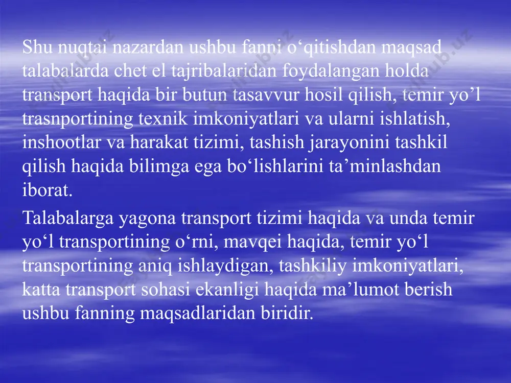 n asosiy turlardan biri temir yo‘l transportidir. temir yo‘llar mamlakatning barcha viloyat va nohiyalarini birlashtiradi, aholining tashish ehtiyojlarini, sanoat va qishloq xo‘jalik mahsulotlarining aylanishini ta’minlaydi va shuning uchun ham xalq xo‘jaligida katta ahamiyat kashf etadi. 1.1-rasm. yuklarni tashish jarayonlarining ketma-ketligi temir yo‘l transportining yangi nohiyalarni va ulardagi tabiiy boyliklarni o‘zlashtirishdagi ahamiyati katta, odamlarning moddiy va ma’naviy ehtiyojlarini qondiradi, o‘zga mamlakatlar bilan aloqalarni rivojlantirishga xizmat qiladi. temir yo‘llarning mamlakat hududlarini himoya qilishda ham ahamiyati beqiyosidir. barcha transport turlari o‘zaro hamkorlikda ishlab, tashish jarayonida bir-birini to‘ldiradi. transport mahsuloti bir qator ko‘rsatkichlar bilan belgilanadi. tashish ishlarining asosiy ko‘rsatkichlari quyidagilardan iborat: p – tashish (jo‘natish) hajmi, odatda, yil bo‘yicha tonna miqdorida o‘lchanadi. ushbu ko‘rsatkich ishlab chiqarish hajmini tashish hajmi bilan bog‘lash imkonini beradi; pl – yuk aylanmasi (oboroti) tonna-kilometrda (tkm) belgilanib, tashilgan yuk miqdorini tashish masofasiga (l) ko‘paytirib topiladi. yuk aylanmasi tashish jarayonining barcha bosqichlarida ham asosiy ko‘rsatkich bo‘lib, uning yordamida harakat vositalariga, ta’mirlash …