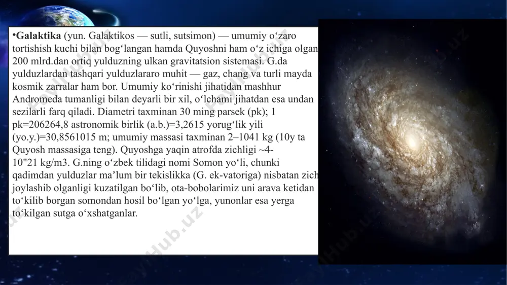 deyiladi, bunday shaklga ular qoʻshni galaktikalar taʼsiri tufayli kelgan. kuzatiladigan olamda 170 milliarddan (1,7 × 1011) ortiq galaktika mavjud.aksariyat galaktikalar diametri 1 000 - 100 000parsek va bir-biridan millionlab parsek (megaparsek) uzoqlida joylashgan.galaktikalararo fazo juda siyrak gazdan (~1 atom/m3) iborat. koʻpchilik galaktikalar galaktika guruhlariga yigʻilgan, ular esa oʻz navbatida superklasterlarga toʻplangan. eng katta miqyosda galaktikalar iplarga jamlangan va nihoyatda keng boʻshliq bilan oʻralgandir galaktikagadi va undan tashqaridagi obyektlargacha bo’lgan masofani aniqlash uchun ko’pincha m=m+5-5lgr formula ishlatiladi. bizdan o’ta uzoqlashgan sharsimon to’dalar va yaqin galaktikalar (20-30 million yorug’lik yil chegarasida) gacha masofalar bu yulduzli sistemalarda absolyut kattaliklar va ravshanliklari o’zgarish davrlari orasida bog’lanishlar mavjud bo’lgan sefeidlar kuzatilganda aniqroq topiladi. juda olisdagi (>100 million yorug’lik yili) galaktikalargacha bo’lgan masofa habbl qonuniga asosan aniqlanadi: galaktika bizdan qanchalik uzoq bo’lsa, uning tezligi shuncha katta bo’ladi: v= h•r ,bu yerda н – habbl doimiysi, uning zamonaviy qiymati н[50; 100] km/(sek.mps) intervalda joylashgan. turli usullar yordamida …