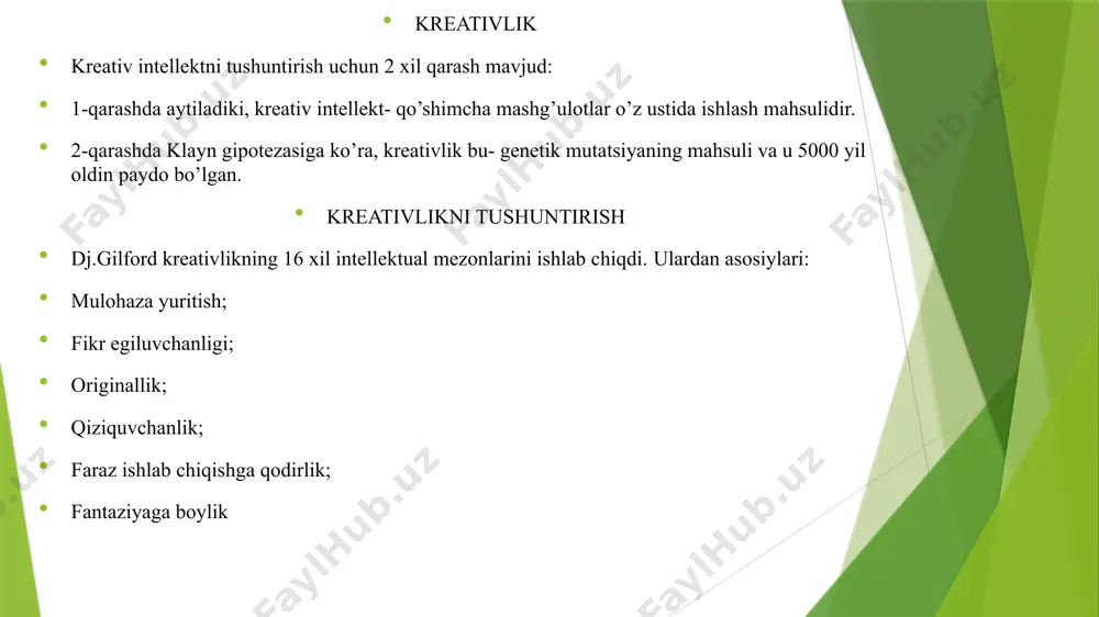 , ruhlantirishga qaratilmog’i kerak. “creato”-lotincha so’z bo’lib, yaratuvchanlik, ijodkorlik degan ma’noni bildiradi.“creato”–so’zi ma’nosi, ijodiy fikr, texnik loyiha, ijodkorlikka moyillik, o’quv –biluv jarayonida mas’uliyat, yaratuvchanlikkreativ pedagogika-ijodkorlik va yaratuvchanlik metodlarini yaratishnio’rganish tushuniladi. “creato” –so’zi ma’nosi, ijodiy fikr, texnik loyiha, ijodkorlikka moyillik, o’quv –biluv jarayonida mas’uliyat, yaratuvchanlik, kreativ pedagogika. demak… “creato” lotincha so’z bo’lib, yaratuvchanlik, ijodkorlik degan ma’noni bildiradi. ijodkorlik va yaratuvchanlik metodlarini yaratishni, o’rganishni kreativ pedagogika deyiladi. agar umumiy ta’lim maktablari birinchi, ikkinchi darajadagi bilimlarni o’rgatsa, oliy ta’lim uchinchi, oliy ta’limdan keyingi ta’lim to’rtinchi darajadagi, ya’ni ilmiy izlanish, magistratura, aspirantura, doktaranturalarda bilim berishni davom ettiriladi.shuni yodda saqlash kerakki, ijodkor yaratuvchi shaxsni tarbiyalash, fanga ma’lum bo’lgan bilimlarning o’zi bilangina kifoyalanmay, olingan, o’zlashtirilgan bilimlar zamirida yangi bilimlarni kashf etishlari bilan muhimdir. ta’lim ilgaritdan ma’lum bo’lgan predmet “avval hunar o’rgat, keyin shogird o’z hoxishiga ko’ra nima qilsa qilaversin” yo’sinida ish tutish rasm bo’lgan. bunday holda bilim kontseptsiyasi to’rt bosqichda amalga oshiriladi: 1.bilim bilan tanishish, ma’lum …