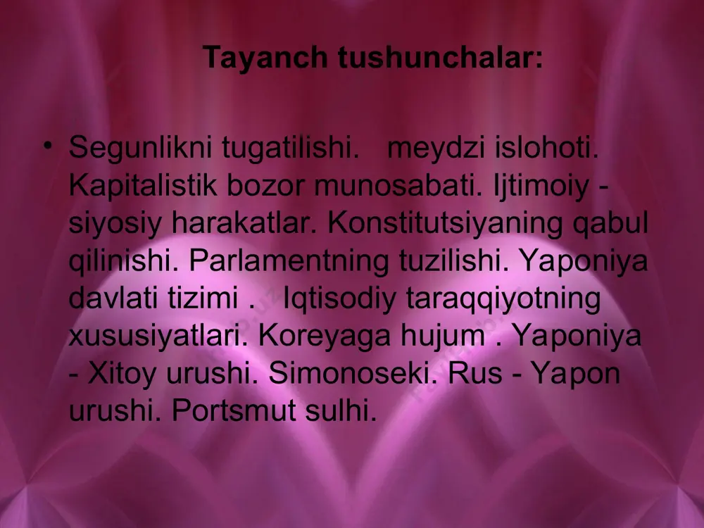 alari-ning markazlashuvi tezroq bordi . kapitalizm taraqqiyoti dehqonlarning terdan ajralishi bilan birgalikda bordi . 1883 yilda 33 ming dehqon yeridan ajralgan bo`lsa , 1885 yilga kelib , bu raqam 108 mingga yetdi . natijada ular shaharga ketib , yollanma ishchilargaaylandilar. ishchilar ma`lum ijtimoiy qatlam bo`lib shakillandilarsanoat korxonalarining soni yildan yilga ko`payib bordi . agar 1868-1877 yillarda 489 ta yangi korxona qurilgan bo`lsa, 1878-1885 yillarda 800 ta yangi sanoat korxonasi foydalanishga topshirildi. bu jarayon iqtisodiy - ijtimoiy sohalarda sanoatda ishlaydigan mehnat ahlini himoya qiladigan qonun va amaliy vositalar yo`qligi sababli qattiq eksplutat-siya , mehnatkashlarni ezish hisobiga davom etdi . ishchilar ish haqining juda pastligi , ish vaqtining 15-18 soat davom etishi , korxona qonunchiligi , texnika xafsizligi uchun javobgarlikning yo`qligi, bolalar va ayollar mehnatidan beshafqat foydalanish - blar yaponiyaning yangi davr taraqqiyotiga xos belgilaredi. ijtimoiy - siyosiy harakatlar . dastlab ijtimoiy harakatlar bir korxona doirasidan chetga chiqmagan bo`lsa ham , tashkiliy …