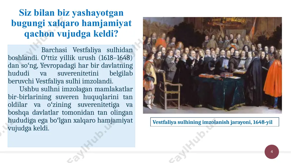 ning ustuvor yo‘nalishlaridan biri sifatida ko‘riladi. bugun mamlakatimizda demokratiyaning zamonaviy va inson huquqlari mezonlariga javob beradigan barqaror siyosiy tizimi barpo etilgan. qonun chiqaruvchi, ijro etuvchi organlar va barcha darajadagi sud hokimiyati faol ishlamoqda. ‹#› 15 o‘zbekiston va xalqaro hamjamiyat eng muhimi, jamiyatimizda konstitutsiyaga va mamlakat qonunlariga hurmat tuyg‘usi kuchaymoqda. yanada e’tiborlisi: “inson sha’ni va qadr-qimmati yo‘lida” ustuvor prinsipi hayotda o‘z tasdig‘ini topmoqda. bmt bosh assambleyasi sessiyasida 2020-yil 13-oktyabr kuni bo‘lib o‘tgan saylovlarda o‘zbekiston milliy davlatchiligimiz tarixida ilk bor bmtning inson huquqlari bo‘yicha kengashi a’zoligiga uch yil muddatga – 2021-2023 yillarga saylandi. o‘zbekiston 2021-yilda bmt nogironlar huquqlari to‘g‘risidagi konvensiyasini ratifikatsiya qilganini alohida qayd etish lozim. o‘z navbatida, 2022-yil dekabrida “markaziy osiyo mamlakatlari yetakchi ayollarining muloqoti” shafeligida, fuqarolik jamiyatining xotin-qizlar tashkilotlari va “bmt-ayollar” tuzilmasi ishtirokida mintaqaviy forum o‘tkazildi. ‹#› 16 image1.png image2.png image3.jpg image4.emf image5.jpg image6.jpg image7.png image8.jpg image9.jpg image10.jpg image11.jpg image12.jpg image13.jpg image14.jpg image15.jpg image16.jpg image17.jpg image18.jpg image19.jpg image20.jpg image21.jpg image22.png …