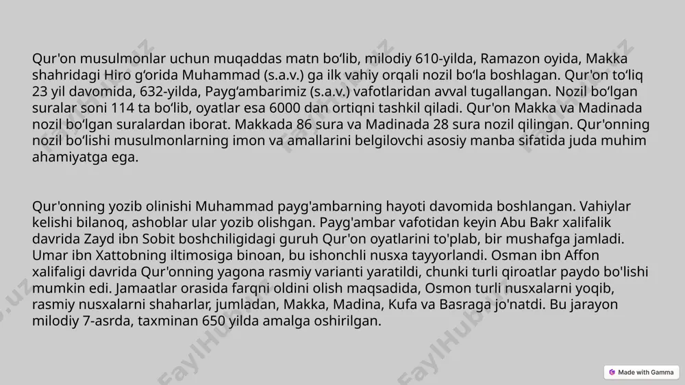 isnod silsilasi orqali ishonchlilik tekshiriladi, havolalarning sanadiga asoslanib tozaligi ko‘riladi. hadislar sahih, hasan va zaif nomlariga ko‘ra turkumlanadi. bu tasnif ilmi hadis ilmi deb ataladi. muhaddis olimlar va ularning xizmatlari imom buxoriy "sahih al-buxoriy" to'plamining muallifi. imom muslim "sahih muslim" to'plamining muallifi. imom termiziy "sunan at-termiziy" to'plamining muallifi. muhaddis olimlar hadis ilmining rivojlanishiga katta hissa qo'shganlar. ularning sa'y-harakatlari natijasida biz sahih hadislarni zaif hadislardan ajratish imkoniyatiga ega bo'ldik. 7 fiqh ilmining shakllanishi va asosiy mazhablar hanafiy mazhabi imom abu hanifa tomonidan asos solingan. molikiy mazhabi imom molik tomonidan asos solingan. shofeʼiy mazhabi imom shofeʼiy tomonidan asos solingan. hanbaliy mazhabi imom ahmad ibn hanbal tomonidan asos solingan. 8 aqida ilmining rivojlanishi va asosiy yo'nalishlar 1 ahl as-sunna wal jama'a 2 ash'ariyya 3 moturidiya aqida ilmi islom dini asoslarini o'rganadi. ahl as-sunna wal jama'a, ash'ariyya va moturidiya kabi yo'nalishlar islom olamida keng tarqalgan. 9 islom ilmlarining o'zbekiston madaniyatiga ta'siri madrasalar islom ilmlarini …