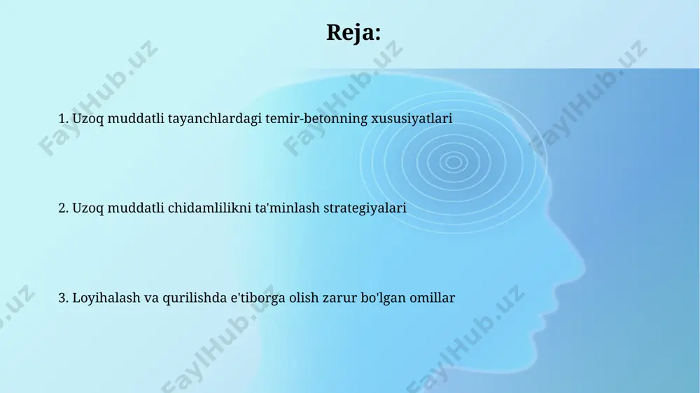 larga chidamli 25 qavatli turar-joy majmualarini qurishda, 0,3g zilzila tezlanishiga bardosh beradigan temir-beton ustunlar istiqbolli hisoblanadi. misolvaistiqbollar monitoring va texnik xizmat ko'rsatish monitoring va texnik xizmat ko'rsatish regulyar vizual tekshiruvlar har 6 oyda o'tkazilib, betonning shikastlanish darajasi (0-dan 5-gacha) baholanadi. natijalarga ko'ra, texnik xizmat ko'rsatish rejasi tuziladi va amalga oshiriladi. e'tiboringiz uchun rahmat @taqdimot_robot image2.jpg image3.jpg image4.jpg image5.jpg image6.jpg image7.jpg image8.jpg image1.png