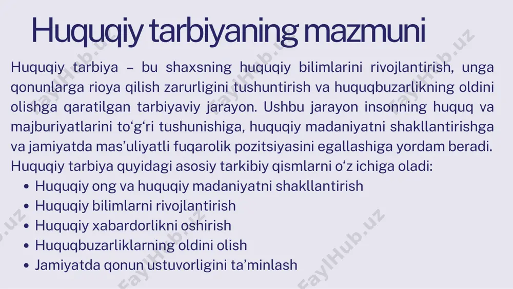 quqiy tarbiya quyidagi jihatlarni o‘z ichiga oladi: ✔ ota-onalarning o‘rnak bo‘lishi – bolalar ota-onalarining xulq-atvoridan o‘rnak oladi. shuning uchun ota-onalar qonunlarga rioya qilish va adolatli bo‘lishlari muhim. ✔ bolalar huquqlari va majburiyatlarini tushuntirish – bola oilada o‘z huquqlari va majburiyatlarini o‘rganishi lozim. ✔ munosabatlar adolatli bo‘lishi – oilada har kimning huquqlari hurmat qilinishi va bolalar ham shunday xulq-atvorni o‘rganishlari kerak. ✔ huquqiy tarbiyaga oid suhbatlar o‘tkazish – ota-onalar bolalariga qonunlar, huquq va burchlar haqida tushuntirishlari kerak. ✔ mas’uliyatni his qilishga o‘rgatish – bolalar jamiyat oldidagi majburiyatlarini oilada anglay boshlaydi. oila huquqiy tarbiyaning birinchi bosqichi bo‘lib, undagi tarbiya insonning butun hayotiga ta’sir qiladi. ta’lim muassasalarida huquqiy tarbiya maktab va boshqa ta’lim muassasalari yosh avlodni huquqiy jihatdan savodli qilishda muhim o‘rin tutadi. ta’lim tizimida huquqiy tarbiya quyidagi usullar bilan amalga oshiriladi: 📌 huquqiy fanlarni o‘qitish – maktab va kollejlarda "huquq asoslari" fani orqali o‘quvchilarga qonunlar haqida bilim beriladi. 📌 huquqiy mavzudagi tadbirlar …