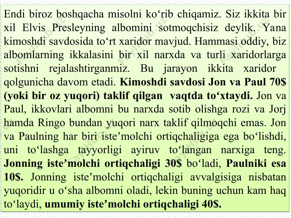 hlab chiqaruvchi ortiqchaligi 300$ georgianing ishlab chiqaruvchi ortiqchaligi 200$ umumiy ishlab chiqaruvchi ortiqchaligi 500$ rasm (a) rasmda p1 narx, q1 taklif hajmi va abc uchburchak maydoni ishlab chiqaruvchi ortiqchaligiga teng. narx p1 dan p2 ga koʻtarilganda taklif hajmi q1 dan q2 ga koʻtariladi va ishlab chiqaruvchi ortiqchaligi adf uchburchak maydoniga koʻpayadi. ishlab chiqaruvchi ortiqchaligidagi oʻsish (bcfd maydon) qisman yuz beradi. chunki mavjud ishlab chiqaruvchilar koʻproq oladi (bced maydon) va yuqori narxlarda qisman yangi ishlab chiqaruvchilar bozorga kirib keladi (cef maydon). narx ishlab chiqaruvchi ortiqchaligiga qanday ta’sir qiladi miqdor miqdor dastlabki ishlab chiqaruvchi ortiqchaligi yangi ishlab chiqaruvchilar uchun ishlab chiqaruvchi ortiqchaligi dastlabki ishlab chiqaruvchilar uchun qoʻshimcha ishlab chiqaruvchi ortiqchaligi 4.3.bozor samaradorligi iste’molchilar va ishlab chiqaruvchilarning koʻpligi bozordagi xaridor va sotivchining koʻpayishini oʻrganishga asosiy manba boʻladi. bu manbalar bizga asosiy iqtisodiy savolga murojaat etishga yordam beradi: resurslarni joylashtirish erkin bozorni xohishiga asosan taʼminlanadimi? iqtisodiy rivojlanishning bu koʻrsatkichini yaxshi tushunish uchun isteʼmolchi va …