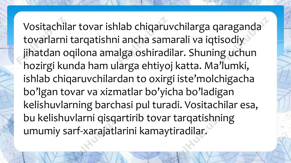 a, shuningdek, ishlab chiqaruvchi (ijrochi, sotuvchi) haqida to‘g‘ri va to‘liq ma’lumot olish; tovar (ish, xizmat)ni erkin tanlash va uning tegishli darajada sifatli bo‘lishi; tovar (ish, xizmat)ning xavfsiz bo‘lishi; hayoti, sog‘lig‘i va mol-mulki uchun xavfli nuqsoni bo‘lgan tovar (ish, xizmat), shuningdek, ishlab chiqaruvchi (ijrochi, sotuvchi)ning g‘ayriqonuniy harakati (harakatsizligi) tufayli yetkazilgan moddiy ziyon, ma’naviy zararning to‘liq hajmda qoplanishi; buzilgan huquqlari yoki qonun bilan muhofaza etiladigan manfaatlari himoya qilinishini so‘rab sudga, boshqa vakolatli davlat organlariga murojaat etish; iste’molchilarning jamoat birlashmalarini tuzish. thank you image4.png
