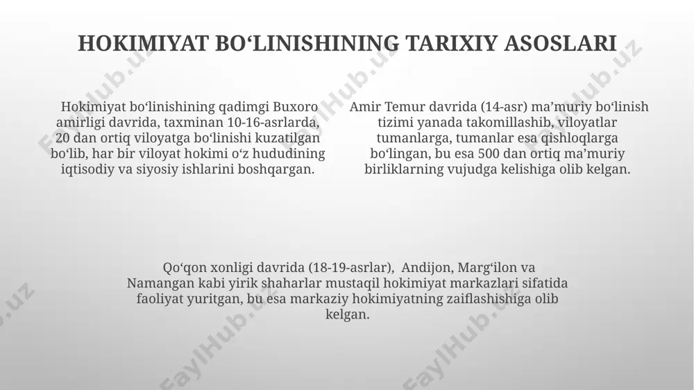 atning muvozanati ta’minlash uchun 2023 yilda 15 ga yaqin yangi loyihalar ishga tushirildi, bu yerda fuqarolarning ishtiroki 70% dan oshdi. toshkent shahrida 2022 yilda oʻtkazilgan tadqiqotlar shuni koʻrsatdiki, hokimiyat boʻlimlari oʻrtasidagi samarali nazorat mexanizmlari 30% ga yaqin korrupsiyaga qarshi kurash samaradorligini oshirdi. oʻzbekistondagi hokimiyat boʻlinishi oʻzbekiston respublikasi konstitutsiyasi davlat hokimiyatining uchta tarmogʻiga – qonun chiqaruvchi (oliy majlis), ijro etuvchi (prezident va vazirlar mahkamasi) va sud hokimiyatiga (sud tizimi) boʻlinishini belgilaydi. toshkent shahri alohida maqomga ega boʻlib, oʻzining mustaqil hokimiyat tuzilmasiga, shu jumladan, shahar hokimi, shahar kengashi va boshqa mahalliy organlarga ega. viloyatlar, tumanlar va shaharlar kabi ma'muriy-hududiy birliklar 12 ta viloyat, 146 ta tuman va 15 ta shaharga boʻlingan boʻlib, har birining oʻzining mahalliy hokimiyat organlari mavjud. hokimiyat boʻlinishining afzalliklari hokimiyat boʻlinishi samarqand viloyatida 3 ta tumanni samarali boshqarishga, 20% gacha byurokratiyani kamaytirishga va xalq bilan aloqani yaxshilashga yordam beradi. fargʻona vodiysida hokimiyat boʻlinishi natijasida 10 ta yangi ish oʻrni …