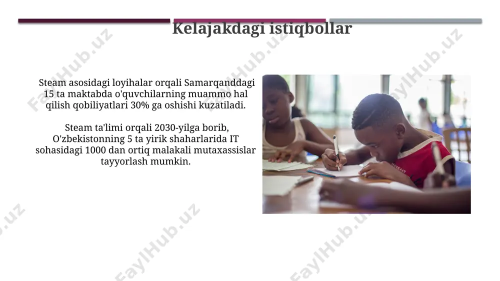 dasturlar robotlarni dasturlash va boshqarish bo'yicha "robomind" kabi dasturlar samarqanddagi texnologiya olimpiadalarida ishtirokchilarga 10 dan ortiq muhandislik vazifalarini bajarishda yordam bermoqda. steamga oid dasturlar yordamida o'quvchilar 3d modellashtirish, animatsiya va o'yin yaratish kabi 21-asr ko'nikmalarini rivojlantirishi mumkin, masalan, "blender" dasturi yordamida toshkentdagi maktablarda qo'llanilmoqda. o'qituvchilarning roli o'qituvchilar steam ta'lim dasturlarini 5-11-sinf o'quvchilari uchun 3d modellashtirish, kodlash va robototexnika kabi fanlarni o'qitishda qo'llashi mumkin, bu esa ularning amaliy ko'nikmalarini rivojlantiradi. o'qituvchilar, steam asosida tuzilgan loyihalarni amalga oshirishda, 10 ga yaqin turli xil dasturlar va resurslardan foydalanib, o'quvchilarning ijodiy fikrlashini rivojlantiradi va individual yondashuvni qo'llaydilar. manbalar steam education platformasi orqali 3000 dan ortiq maktablar va 50 dan ortiq mamlakatdagi ta'lim muassasalari o'quv jarayonini yaxshilash uchun innovatsion texnologiyalardan foydalanmoqda. steam education yordamida o'quvchilar 2d va 3d modellashtirish, dasturlash va robot texnikasi kabi 15 ta turli fanlardan amaliy ko'nikmalarni egallashlari mumkin, bu esa ularning singapurdagi tengdoshlari bilan hamkorlik qilish imkoniyatini beradi. steam ta'limining afzalliklari …