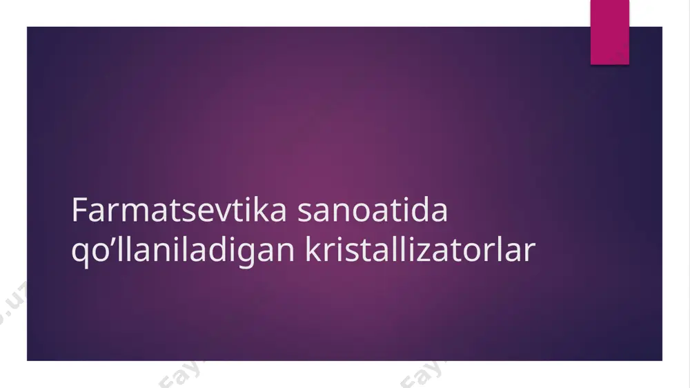 marali va ishlab chiqarishning tezligi bilan bog'liqdir. 2 samarali mahsulotlar samarali mahsulotlar, toza va sifatli mahsulotlar ishlab chiqarish jarayonida katta ahamiyatga ega. 3 ishbotlanadi mahsulotlar laboratoriya testlari orqali ishbotlanadi va sifatli mahsulotlar narxli bo'lishi lozim. tarkibi va farmatsevtika sanoatidagi ahamiyati 1 tarkibning o'ziga xosligi - farmatsevtika sanoatida ishlatilayotgan tarkibiy elementlar mahsulotning samarali va toza bo'lishida katta ahamiyatga ega. 2 sanoatdagi o'ziga xos uslub - farmatsevtika sanoatida tarkibning o'ziga xos uslubi, isbotlanishi va standartlari mahsulot sifatini ta'minlashda juda muhimdir. 3 o'zlashtirilgan farmatsevtika mahsulotlar - farmatsevtika sanoatida tarkibning o'zlashtirilishi, toza va samarali mahsulotlar isbotlanishida katta ahamiyatga ega. kristallizatorlar turlari va ularning dizayni va funktsiyasi kristallizatorlar farmatsevtika sanoatida katta ahamiyatga ega. ular dizayni va funktsiyasi dori ila davlatilgan. bu slaydda turli kristallizatorlar haqida tafsilotlar beriladi. photo by national cancer institute on unsplash kristallizatorlar turlari va ularning dizayni turlar dizayn funksiyasi kristallizatorlar turlari oʻzaro farqlanishlar boʻyicha tartiblangan va ularning dizayni uslubiy ravishda belgilangan. kristallizator …