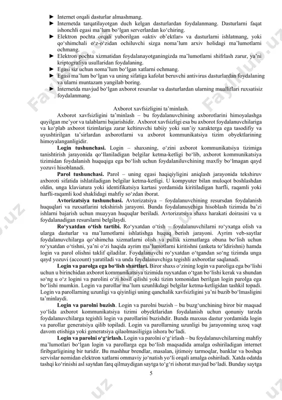 lash elеktron to’lovlarning amalga oshirilishini kafolatlaydi. ma’lumki internet tarmoqlararo informatsiya almashinuvini ta’minlavchi magistiraldir. uning yordamida dunyo bilimlar manba’iga kirish, qisqa vaqt ichida ko‘plab ma’lumotlar yig‘ish ishlab chiqarishning va uning texnik vositalarini masofadan turib boshqarish mumkin. shu bilan bir qatorda internetning ushbu imkoniyatlaridan foydalanib turmoqdagi begona kompyuterlarni boshqarish ularning ma’lumotlar bazasiga kirish, nusxa ko‘chirish g‘arazli maqsadda turli xil viruslar tarqatish kabi noqonuniy ishlarni amalga oshirsh mumkin. internetda mavjud bo‘lgan ushbu xavf, axborot xavfsizlik muammolari bevosita tarmoqlarning xususiyatlaridan kelib chiqadi. bizning oldingi paragraflarda qayd etib o‘tganimizdek ixtiyoriy tarmoq xizmatini o‘zaro kelishilgan qoida (protokol) asosida ishlovchi juftlik «server» va «mijoz» dastur ta’minoti bajaradi. ushbu protokollar miqyosida ham «server», ham «mijoz» dasturlari ruxsat etilgan amallarini (operatsiya) bajarish vositalariga ega. masalan, nttr protokoldagi formatlash komandalari web sahifalarida joylashtirilgan tovush, vidio animatsiyalar va har xil aktiv ob’ektlar ko‘rinishidagi mikrodasturlar. xuddi shunday ruxsat etilgan operatsiyalar, aktiv ob’ektlardan foydalanib internetda ba’zi bir noqonuniy harakatlarni oshirish tarmoqdagi kompyuterlarga va …