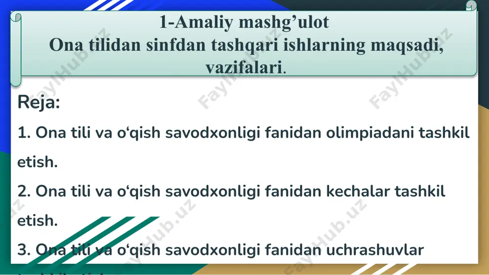 ilan uchrashuvlar tashkil etish adabiy kechalar o'tkazish maktablarda 1959-yildan boshlab maxsus sinfdan tashqari ishlar darslari tashkil etilgan. sinfdan tashqari ishlar 1-2 -sinfda haftada 1 marta, 3-4-sinfda 2 haftada 1 marta o'tkaziladi. savod o'rgatish jarayonida esa haftadagi oxirgi alifbe darsining 17 -20 daqiqasi ajratiladi. sinfdan tashqari ishlar bosqichlari: 1. tayyorlov bosqichi. bu 1-sinfning savod o'rgatish davriga to'g'ri keladi. unga darsning bir qismi 17-20 daqiqasi ajratilgani uchun ,,sti mashg'uloti" deb yuritiladi. 2. boshlang'ich bosqich. bu 1-sinfning 2-yarim yilligiga to'g'ri keladi. bu bosqichda haftada 1 marta 45 daqiqalik dars uyushtiriladi. 3. asosiy bosqich. bu bosqich 2-4-sinflarga to'g'ri keladi. bu davrda o'quvchilaming o'qish malakalari mustahkamlanadi. bunda o'quvchilarning sinfdan tashqari o'qiganlari baholanadi. 2. ona tili va o‘qish savodxonligi fanidan kechalar tashkil etish. adabiy kechalar adabiy kechalarga misollar “navoiyxonlik”, “boburning tavallud kuniga bag’ishlangan kecha” va h.k sh3oir va yozuvchilar bilan uchrashuvlar 3. ona tili va o‘qish savodxonligi fanidan uchrashuvlar tashkil etish uchrashuv jonli muloqot tarzida tashkil …