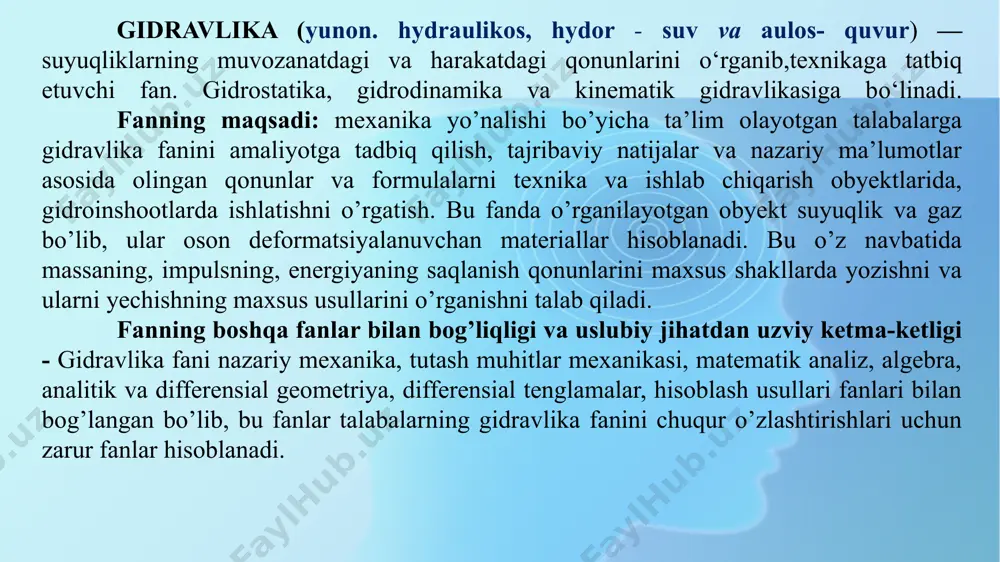 (si) qo’llaniladi. u yetti asosiy (1.1-jadval), ikki qo’shimcha (1.2-jadval) va asosiy kattaliklar o’zaro bog’lanishining tenglamalari bo’yicha hosil bo’lgan birliklardan tuzilgan. “si”sistemasining asosiy birliklari. 1.1-jadval kattalik nomi birlik nomi belgisi tekis burchak hajmiy (fazoviy) burchak radian steradian rad sr 1.2-jadval “si”sistemasining hosil qilingan birliklari. 1.3-jadval kattaliklar birliklar nomi o’lchami nomi belgi yuza hajm tezlik tezlanish aylanish chastotasi burchak tezligi zichlik kesim yuzasining inersiya momenti harakat miqdori harakat miqdori moment (impuls moment) kuch, og’irlik, og’irlik kuchi, yuk ko’tarish kuchi solishtirma og’irlik kuch moment, juft kuchlar moment bosim kuchlanish elastiklik moduli energiya, ish quvvat dinamik qovushoqlik kinetik qovushoqlik l2 l3 lt-1 lt-2 t-1 t-1 l-3m l4 lmt-1 l2mt-1 lmt-2 l-2mt-2 l2mt-2 l-2mt-2 l2mt-2 l2mt-3 l-1mt-1 l2t-1 kvadrat metr kub metr metr sekund kvadrat metr sekund sekund minus bir darajasida radian sekundda kilogram kub metrda metr to’rtinchi darajada kilogram-metr sekundda kilogram metr kvadrat sekundda nyuton nyuton metr kubda nyuton metr paskal joul vatt paskal …
