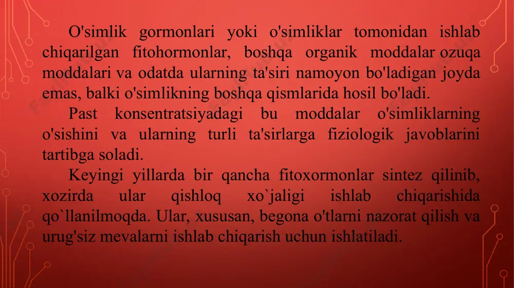 a) sifatida aniqlangan. bu ishlar gollandiyada f.vent, f.kögl va a.xagen-smit tomonidan amalga oshirilgan. y. saks va c. darvin ham 1880 yilda bunday moddalarning mavjudligi haqidagi fikrga kelishgan. yorug'likning o'simliklarning o'sishiga ta'sirini o'rgangan darvin o'zining "o'simliklardagi harakat kuchi" kitobida shunday deb yozgan edi: "ko'chatlar yon yorug'lik bilan erkin ta'sirlanganda, u holda yuqoridan pastgacha ma'lum ta'sirlar uzatiladi va oxirgi egilishni keltirib chiqaradi. ". o'simlikning ildiziga tortish kuchining ta'siri haqida gapirar ekan, u "faqat uchi (ildiz) bu ta'sirga sezgir va qo'shni qismlarga qandaydir ta'sir yoki qo'zg'atuvchini o'tkazib, ularni egilishiga olib keladi" degan xulosaga keldi. o'simlik gormonlarini kimyoviy tabiati yoki ta'siriga qarab bir necha asosiy sinflarga guruhlash mumkin: auksinlar. o'simlik hujayralarining cho'zilishini rag'batlantiradigan moddalar birgalikda "auksinlar" deb nomlanadi. auksinlar ishlab chiqariladi va yuqori konsentratsiyalarda apikal meristemalarda (kurtak va ildizning o'sish konuslari) to'planadi, ya'ni. hujayralar ayniqsa tez bo'linadigan joylarda. bu yerdan ular o'simlikning boshqa qismlariga o'tadilar. poyaning kesilgan qismiga qo'llaniladigan auksinlar so'qmoqlarda ildiz hosil bo'lishini …