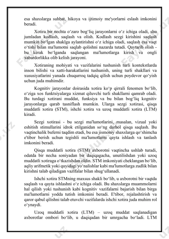 sh mumkin. ularga sezgi xotirasi, qisqa muddatli xotira (stm), ishchi xotira va uzoq muddatli xotira (ltm) kiradi. sezgi xotirasi - bu sezgi ma'lumotlarini, masalan, vizual yoki eshitish stimullarini idrok etilganidan so‘ng darhol qisqa saqlash. bu vaqtinchalik buferni taqdim etadi, bu esa jismoniy shaxslarga qo‘shimcha e'tibor berish uchun tegishli ma'lumotlarni qayta ishlash va tanlash imkonini beradi. qisqa muddatli xotira (stm) axborotni vaqtincha ushlab turadi, odatda bir necha soniyadan bir daqiqagacha, unutilishdan yoki uzoq muddatli xotiraga o‘tkazishdan oldin. stm imkoniyati cheklangan bo‘lib, aqliy arifmetik yoki quyidagi yo‘nalishlar kabi ma'lumotlarga zudlik bilan kirishni talab qiladigan vazifalar bilan shug‘ullanadi. ishchi xotira stmning maxsus shakli bo‘lib, u axborotni bir vaqtda saqlash va qayta ishlashni o‘z ichiga oladi. bu shaxslarga muammolarni hal qilish yoki tushunish kabi kognitiv vazifalarni bajarish bilan birga ma'lumotlarni yodda tutish imkonini beradi. e'tibor, rejalashtirish va qaror qabul qilishni talab etuvchi vazifalarda ishchi xotira juda muhim rol o‘ynaydi. uzoq muddatli xotira (ltm) – …