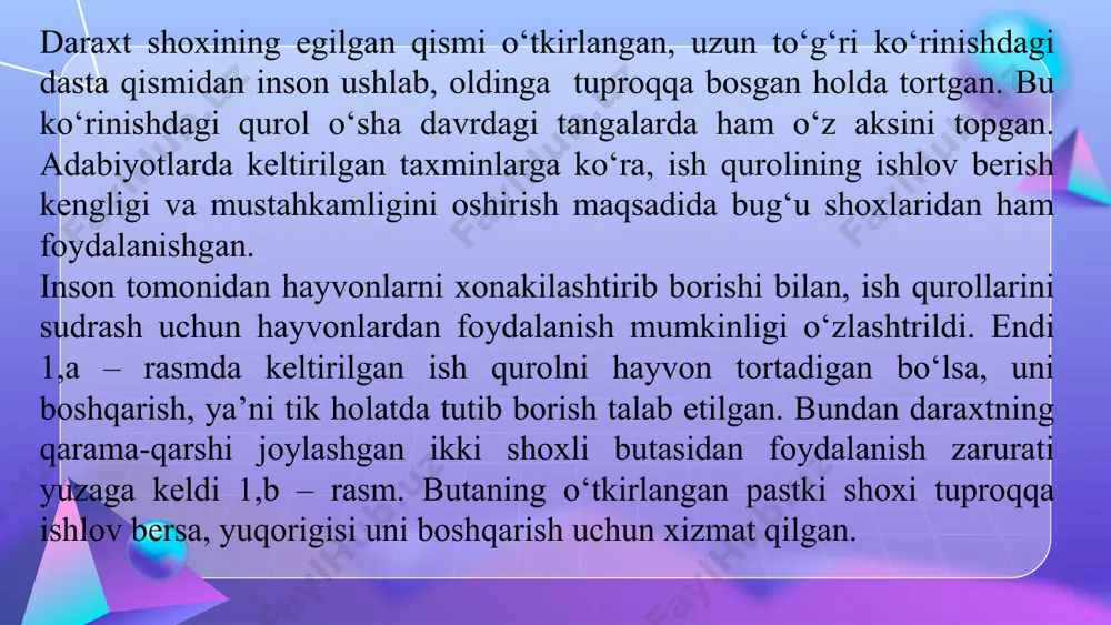 li yaratildi. bunda tortqi bevosita boshqarish dastasi va taglikka bog‘landi. tortqi va taglikni bog‘lab turgan brus hozirgi plugda ustun vazifasini bajardi. shu o‘rinda bir muhim faktni eslatib o‘tishni joiz deb hisoblaymiz. yuqoridagi tuproqqa ishlov berish quroli tuprog‘i yumshoq, chim bosmagan yerlar uchun qo‘l kelardi, chunki tuproq qatlamini ag‘darib yumshatish zarurati bo‘lmagan edi. biroq yangi yerlarni o‘zlashtirish uchun, ya’ni tuproqni ag‘darib yumshatish ehtiyoji paydo bo‘ldi, chunki tuproqning yuza qatlamidagi o‘simlik qoldiqlari va ildiz tizimi urug‘ qadash va yangi nihollar qator orasi tuprog‘iga ishlov berishga to‘sqinlik qilgan. bu muammoni yechimi sifatida tuproqning yuza qatlamini ag‘darish orqali o‘simlik qoldiqlarini ko‘mish masalasi yuzaga keldi. rimliklar ushbu masalaning yechimi sifatida lemexga burchak ostida taxta biriktirishdi. natijada lemexdan ko‘tarilgan palaxsa taxtaga kelib, uning sirti bo‘yicha sirpanib yon tomonga ag‘darilib tusha boshladi. bu taxtaning takomillashuvi hozirgi ag‘dargichni shakllantirishga asos bo‘ldi. biroq taxtaning yaratilishi yangi muammo paydo bo‘lishiga sabab bo‘ldi. inson tomonidan boshqaruv dastasini tik holatda tutib yurishini …