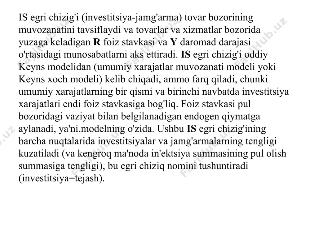 iga o'ngga kerakli investitsiyalar miqdori balansni ta'minlaydigan real % stavkasi samarali kapital solig'i stavkasining o'sishi chapga pastga kerakli investitsiyalar miqdoribalansni ta'minlaydigan real % stavkasi 14 14 14 14 14 lm egri chizig'i lm egri chizig'i (liquidity preference-money supply), pulga bo'lgan talab pul taklifiga teng bo'lgan barcha mumkin bo'lgan y va r nisbatlarini ko'rsatadi. bunday holda, pul deganda, qoida tariqasida, har qanday vaqtda osongina naqd pulga aylantirilishi mumkin bo'lgan naqd pul va joriy hisobvaraqlardagi mablag'larni (talab depozitlari - chek hisobvaraqlari yoki talab hisobvaraqlari) o'z ichiga olgan m1 pul birligi tushuniladi. 15 15 lm egri chizig'ini qurish ravnovesiya denejnogo rinka pul uchun tranzaktsion talab pulga spekulyativ talab lm egri chizig'i 17 17 17 17 17 lm egri chizig'idan tashqaridagi barcha nuqtalar pul bozoridagi muvozanatga mos keladi. a nuqtasini ko'rib chiqing? bu lm egri chizig'idan yuqori. shu nuqtada, daromad darajasi ga teng, bu pulga bo'lgan tranzaktsion talab miqdoriga to'g'ri keladi[(m/pdt]1, va foiz stavkasi …