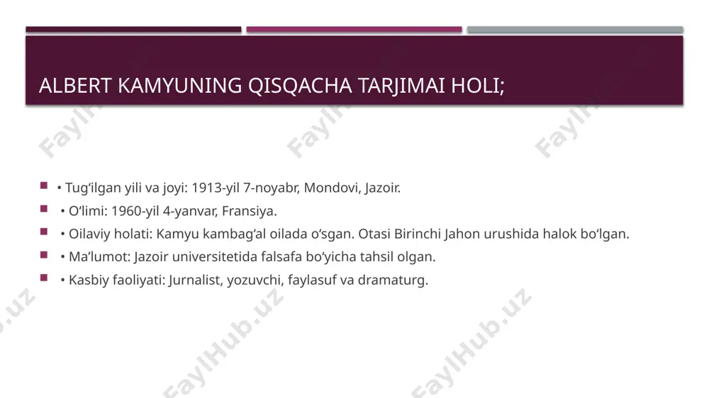 ubda aks ettirdi. • jamiyat uchun: asar insonning axloqiy va falsafiy me’yorlarga bo‘lgan qarashlarini qayta ko‘rib chiqishga undaydi. • zamonaviylik: asardagi g‘oyalar hozirgi zamon insoni uchun ham dolzarb. qisqacha mazmun asarning bosh qahramoni, merso, jazoirlik oddiy fransuz erkagi. u o‘z onasining o‘limiga nisbatan befarqligi va odatiy jamiyat qadriyatlariga mos kelmasligi bilan boshqalar uchun “begona” hisoblanadi. tasodifiy hodisalar natijasida u qotillik sodir etadi va sud jarayoniga duch keladi. merso jamiyat tomonidan hayotga befarq bo‘lgani va onasining dafn marosimidagi sovuqqonligi uchun jazolanadi, qotilligi esa ikkinchi darajali holga aylanadi. kamyu “begona” romanida insonning shaxsiy ozodligini absurd hayot qarshisida qanday saqlab qolishi mumkinligini ko‘rsatadi. asar murakkab falsafiy savollarga sodda va tushunarli tarzda yondashadi. mersoning befarqligi va jamiyatga moslashmasligi uni o‘ziga xos va g‘aroyib qahramon sifatida namoyon qiladi. u jamiyatga qarshi chiqmaydi, lekin ularning qadriyatlarini ham qabul qilmaydi. bu narsa o‘quvchini qahramonning haqiqiyligini anglashga undaydi. asarning ahamiyati • falsafiy ma’nosi: “begona” absurdizmning asosiy g‘oyalarini sodda …