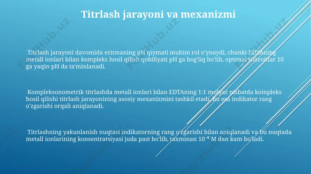 ionlari bilan kompleks hosil qiluvchi ligandi standart eritma bilan titrlash amalga oshiriladi va indikatorlar yordamida ekvivalent nuqta aniqlanadi. kompleksonometrik titrlash yuqori aniqlik va selektivlikka ega bo'lib, suv qattiqligini aniqlash, qotishmalar tarkibidagi metallarning miqdorini tahlil qilish kabi 20 dan ortiq turdagi amaliy qo'llanmalarga ega. koʻrsatkichlar va ularning tanlanishi erigan metall ionlari bilan kompleks hosil qiluvchi ko'rsatkichning barqarorlik konstantasi (k) titrlanayotgan metall ionlari bilan hosil bo'lgan kompleksning barqarorlik konstantasi (k') dan ancha past bo'lishi kerak. masalan, kalsiy ionlarini aniqlashda eriochrom black t (erio xrom qora t) kabi ko'rsatkich ishlatiladi, uning rang o'zgarishi ph 10 atrofida sodir bo'ladi va bu ph da kalsiy bilan barqaror kompleks hosil qiladi. ko'rsatkichlar edta bilan kompleks hosil qiluvchi metall ionlarining konsentratsiyasi 10⁻⁶-10⁻⁸ m oralig'ida bo'lganda rang o'zgarishini ta'minlashi kerak, bu yuqori sezgirlikni ta'minlaydi. titrlash usullarining turlari argentometrik titrlash, kumush nitrat eritmasi (agno3) bilan galogenid ionlarini aniqlashga asoslangan bo‘lib, uning 3 ta asosiy usuli: fajans, mor va volxard …