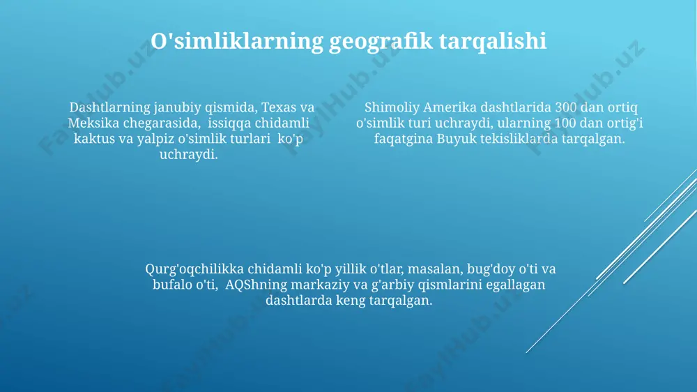 bu esa past unumdorlikni ko'rsatadi. kelajakdagi tadqiqotlar va saqlash choralari shimoliy amerikadagi o'tloqlarning 100 dan ortiq o'simlik turi genetik xilma-xilligini aniqlash va ularning 50%ini saqlab qolish uchun milliy bog'larda maxsus qo'riqxonalar tashkil etish bo'yicha tadqiqotlar o'tkazish zarur. texas shtatining o'tloqlarida mavjud bo'lgan 75 ta o'simlik turining ekologik sharoitlarga moslashuvchanligini o'rganish va 2040-yilgacha ularning populyatsiyasini 2 barobar ko'paytirish bo'yicha choralarni ishlab chiqish kerak. kolorado shtatining o'tloqlarida 25 ta noyob o'simlik turining yo'qolib ketish xavfi ostida ekanligini aniqlash va ularni himoya qilish bo'yicha 10 yillik reja ishlab chiqish muhimdir. quruq o'tloqlarning o'simliklari teksas shtatining janubiy quruq o'tloqlarida 50 dan ortiq turdagi sukulent o'simliklar uchraydi, jumladan, kaktuslar va agave turlari, ularning yuqori harorat va qurg'oqchilikka chidamliligi bilan ajralib turadi. shimoliy amerika dashtlarining quruq o'tloqlarida 300 dan ortiq o'simlik turi, jumladan, bug'doy o'tlari va shuvoqlarning 150 ga yaqin turi mavjud bo'lib, ularning ko'pchiligi buyuk tekisliklar hududida tarqalgan. quruq o'tloqlarning 20% ni ko'p yillik o'tlar, …