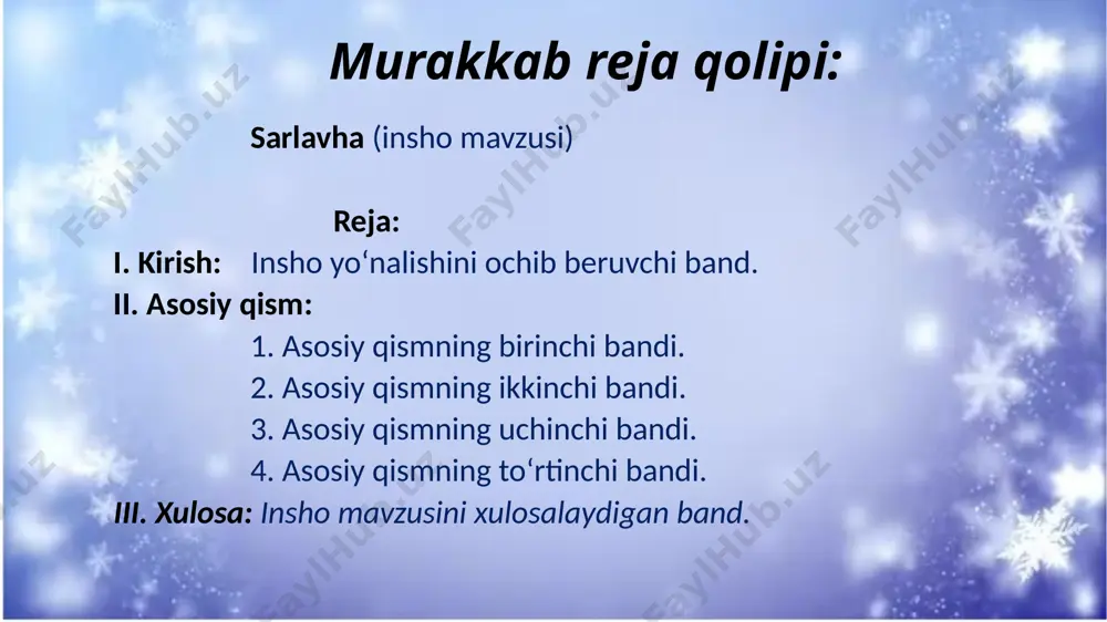 nchaning batafsil izohi. 4 blok (varaqning pastki qismi) - butun mavzu bo'yicha asosiy xulosalar, siz o'z fikrlaringiz bilan to'ldirishingiz yoki boshqa adabiyot manbalaridan ma'lumotlarni kiritishingiz mumkin. blok usuli blok shaklida konspekt: ijodkor microsoft asoschisi bill geytsning o'zi. muzokaralar davomida u daftarga shu tarzda yozuvlar kiritadi.qanday yozish kerak: qog'oz varag'ini bir nechta kvadratlarga bo'lish kerak, ya'ni.bloklar (yoki qutilar). har bir qutida alohida masala, mavzu, voqea haqida ma'lumotlar taqdim etiladi. umuman olganda, siz materialni o'zingiz uchun qulay bo'lgan tarzda qutilarga ajratishingiz mumkin. ushbu usul qachon va kim uchun qulay? bu qulaydir, chunki bitta ma'ruzani bir nechta kichik bo'limlarga bo'lish mumkin, har bir kichik mavzu uchun faqat eng muhim narsalarni kvadratlarga yozib qo'yish mumkin. siz uni bill geyts singari uchrashuvlarda, aytilganlardan asosiy g'oyani ajratib olishda ishlatishingiz mumkin. topshiriq. quyida berilgan so‗zlarni tartib bilan joylashtiring. 1. buvimlarnikiga, kuzda, boraman, dadam bilan, har yili, qishloqqa, men. 2. tushadi, mushuk, tomdan, oyog‗i bilan, tashlasang ham. 3. …