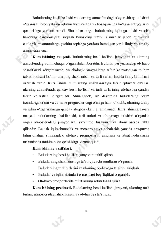 atmosfera to‘lqinlarida, girdoblarida yoki tartibsiz turbulent harakatlarida vujudga keladi. bu bulut hosil bo‘lishining asosiy jarayonlari hisoblanadi. unga kondensatsiya jarayonining jadalligi, bulutlarning shakli va mikrostrukturasi bog‘liq bo‘ladi. bulutlar hosil bo‘lishining fizik jarayoni haqida, bulutlarning harakati, shakli va vaqt bo‘yicha rivojlanishini kuzatuv olib borish yo‘li bilan ma’lum bir tassavvurga ega mumkin. bulutlarni ajratish ularning asosiy belgilariga mos ravishda quyidagi klassifikatsiyalarga bo‘linadi: 1. morfologik tasnifi. bulutlarni tashqi ko‘rinishiga qarab aniqlanadi. 2. genetik tasnifi. bulutlarni hosil bo‘lishi, kelib chiqishi jarayoniga qarab aniqlanadi. 3. mikrofizik tuzulish tasnifi. bulutlarning agregat holati, bulut zarrachalarini ko‘rinishi va razmeri, shuningdek ularni bulut ichida taqsimlanishi bilan aniqlanadi. gidrometeorologik stansiyalarda, meteorologik kuzatuv amaliyotida bulutlarning morfologik tasnifi qabul qilingan. bu klassifikatsiya yordamida kuzatuv ma’lumotlariga asoslanib, bulutlar miqdori va shakliga qarab rivojlanish bosqichi va xossasini, shuningdek atmosfera jarayonlarining umumiy xususiyatlari haqida xulosa qilish mumkin. bulutlarning shaklini aniqlashda, uning tashqi ko‘rinishi va strukturasi asosiy belgilardan hisoblanadi. bulutlar alohida ajralgan massalar yoki batamom qoplam ko‘rinishda …
