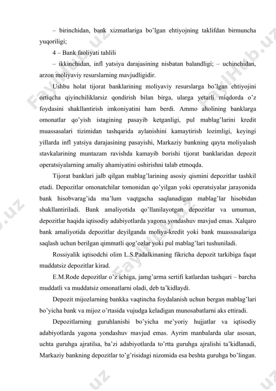 radi. depozitlarning guruhlanishi bo’yicha me’yoriy hujjatlar va iqtisodiy adabiyotlarda yagona yondashuv mavjud emas. ayrim manbalarda ular asosan, uchta guruhga ajratilsa, ba’zi adabiyotlarda to’rtta guruhga ajralishi ta’kidlanadi, markaziy bankning depozitlar to’g’risidagi nizomida esa beshta guruhga bo’lingan. bizning nazarimizda, banklarning depozit operatsiyalarini iqtisodiy mazmuni va muddatiga qarab to’rtta guruhga ajratish maqsadga muvofi q. ushbu guruhga talab qilib olinguncha saqlanadigan hisobvaraqlardagi depozitlar, muddatli depozitlar, jamg’arma depozit (sertifi kat) lar va boshqa depozitlar kiradi. depozit mablag’larni moliyaviy jihatdan nisbatan barqaror va nobarqaror mablag’larga hamda to’langanligi jihatidan nisbatan qimmat va nisbatan arzon depozit mablag’larga ajratish maqsadga muvofiq. moliyaviy jihatdan barqaror mablag’lar tijorat banklarining asosiy foyda manbasini tashkil etish bilan birga, ularni kutilmaganda vujudga keladigan zararlardan himoya qilish imkoniyatini ham beradi. ushbu mablag’larga, yuqorida ta’kidlaganimizdek, banklarning ustav kapitalini, joriy yil va o’tgan yillarning taqsimlanmagan foydasini, joriy yilning sof foydasi hamda muddatli va jamg’arma (sertifi kat) depozitlarini kiritishimiz mumkin. muddatli va jamg’arma (sertifi kat) depozitlar banklar uchun …