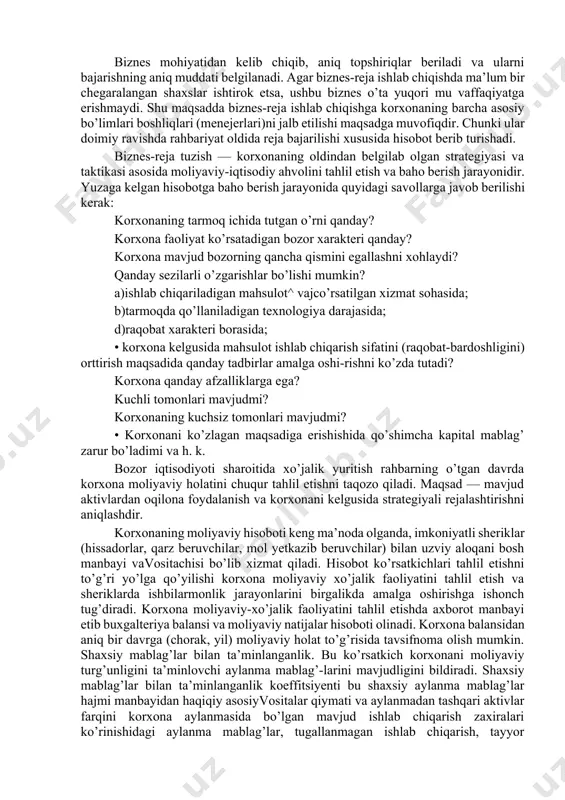 biznes-reja ishlab chiqish va bozor sharoitida muvaffaqiyatli ishlash imkonini yaratib berishdir. «biznes-reja» va uning bo’limlari keng, har tomonlama muhokama qilinishi zarur. biznes turiga qarab, ishchi guruh tarkibiga marketo-loglar, yuristlar, texnologlar, injener-texnik xodimlar, iqtisod-chilar, ruhshunos (psixolog)lar jalb etiladi. ish hajmi katta bo’lgan holatda, ular tarkibidan mayda ishchi guruhlar tashkil etilishi mumkin. har bir guruhga mas’uliyatli shaxs yoki rahbar tayin-lanadi. biznes mohiyatidan kelib chiqib, aniq topshiriqlar beriladi va ularni bajarishning aniq muddati belgilanadi. agar biznes-reja ishlab chiqishda ma’lum bir chegaralangan shaxslar ishtirok etsa, ushbu biznes o’ta yuqori mu vaffaqiyatga erishmaydi. shu maqsadda biznes-reja ishlab chiqishga korxonaning barcha asosiy bo’limlari boshliqlari (menejerlari)ni jalb etilishi maqsadga muvofiqdir. chunki ular doimiy ravishda rahbariyat oldida reja bajarilishi xususida hisobot berib turishadi. biznes-reja tuzish — korxonaning oldindan belgilab olgan strategiyasi va taktikasi asosida moliyaviy-iqtisodiy ahvolini tahlil etish va baho berish jarayonidir. yuzaga kelgan hisobotga baho berish jarayonida quyidagi savollarga javob berilishi kerak: korxonaning tarmoq ichida tutgan o’rni …