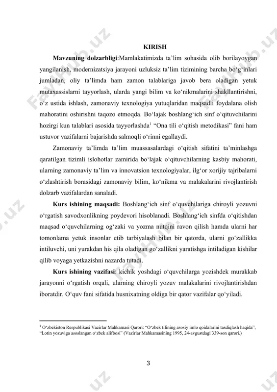 di. boshlang‘ich sinfda o‘qitishdan maqsad o‘quvchilarning og‘zaki va yozma nutqini ravon qilish hamda ularni har tomonlama yetuk insonlar etib tarbiyalash bilan bir qatorda, ularni go‘zallikka intiluvchi, uni yurakdan his qila oladigan go‘zallikni yaratishga intiladigan kishilar qilib voyaga yetkazishni nazarda tutadi. kurs ishining vazifasi: kichik yoshdagi o‘quvchilarga yozishdek murakkab jarayonni o‘rgatish orqali, ularning chiroyli yozuv malakalarini rivojlantirishdan iboratdir. o‘quv fani sifatida husnixatning oldiga bir qator vazifalar qo‘yiladi. kurs ishining ob’ekti:ushbu kurs ishi ii bob 6 ta paragrif xulosa va foydalanilgan adabiyotlardan iborat. mamlakatimizda pedagog kadrlarni tayyorlash jarayonini modernizatsiyalash, sohadagi zamonaviy rivojlanish tendentsiyalari, ilg‘or xorijiy tajribalar va innovatsion yondashuvlar asosida ta’lim mazmuni va o‘qitish sifatini takomillashtirish muhimligi sababli u davlat siyosati darajasiga ko‘tarilgan. bo‘lajak pedagog mutaxassislarni zamon talablari asosida aqliy, axloqiy, intellektual, estetik va jismoniy jihatdan komil inson sifatida tarbiyalash “ona tili o‘qitish metodikasi” fanining ustuvor vazifalardan biri hisoblanadi. mazkur fan orqali bo‘lajak mutaxassis o‘qituvchilar ta’lim jarayonini samarali tashkil etish, yosh avlodga …