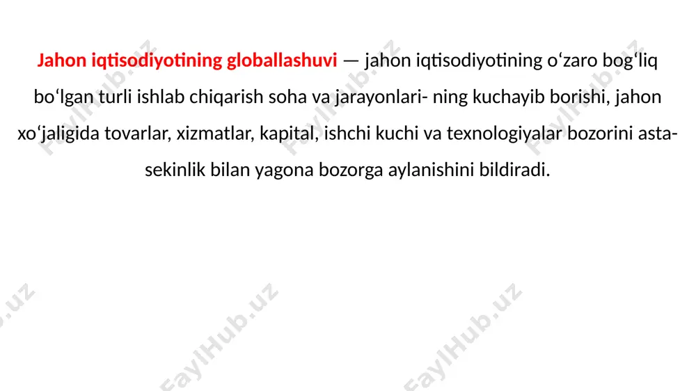 isodiyotini baholashda global hamfikrlikka erishishni keltirish mumkin. moliya bozorlarining (valuta, fond, kredit va boshq.) yangi roli keyingi yillarda jahon iqtisodiyoti arxitekturasini keskin o‘zgartirdi. bir necha o‘n yillar ilgari moliya bozorlarining asosiy maqsadi iqtisodiyotning real sektori faoliyatini ta’minlashdan iborat edi. hozirgi davrda esa, jahon moliya bozoridagi o‘zgarishlar butun dunyo mamlakatlari iqtisodiyotiga ta’sir ko‘rsatishning muhim omili sifatida namoyon bo‘lmoqda. moliyaviy globallashuv jarayoni ayniqsa jahon iqtisodiyoti- ning uchta asosiy markazlarida kuchaygan bo‘lib, ularga aqsh, g ‘arbiy yevropa va yaponiya kiradi. moliyaviy spekulyatsiya operatsiyalari ham aynan rnazkur uchta]ik chegaralaridan tashqi dunyoga tarqaladi. valuta bozorining global aylanmasi bir kun davomida 0,9—1,1 trln aqsh dollariga yetadi, jahon iqtisodiyoti globallashuvining bosqichlari globallashuv jarayonini rivojlantiruvchi asosiy omillar sifatida quyidagilarni ajratib ko'rsatish mumkin: ishlab chiqarish, fan-texnika va texnologik omillar: — ishlab chiqarish ko‘lamining keskin kuchayishi; — ishlab chiqarishning yangi texnologik usullariga — yuqori, ilmiy sig‘imli texnologiyalarga o‘tish; — mahsulotlar, xizmatlar, kapital va ishchi kuchlari harakatidagi to‘siqlarga barham berilishi; — …