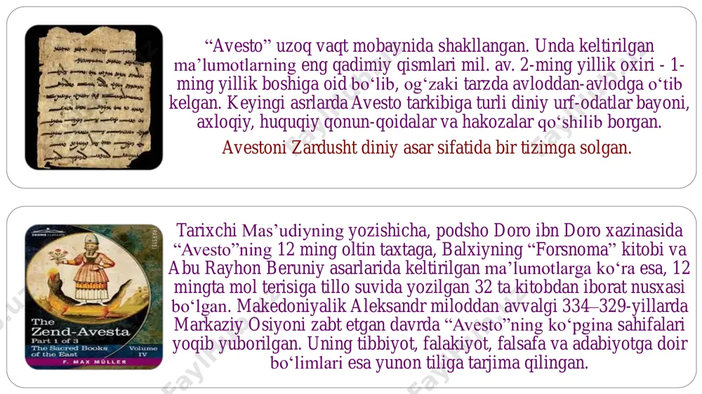 uz amallardan og‘ir kelsa, qo‘shiqlar uyiga boradi. aks holda uning ruhini dev vizaresh do‘zaxga tashlaydi. chinvadda inson o‘z daen (imon)ini uchratadi. ezgu amal sohibiga imon go‘zal qiz qiyofasida ko‘rinib, uni ko‘prikdan olib o‘tishga yordam beradi. yovuz amal egasini esa, jodugar ayol ko‘prikdan do‘zaxga yiqitib yuboradi. zardushtiylikka ko‘ra, dunyoga 3 nafar saoshyanta kelishi lozim. ular zardusht taʼlimotini qayta tiklaydi, qiyomatga yaqin ularning oxirgisi anxra–maynyu bilan jang qilib, barcha yovuzlik kuchlarini mag‘lub etadi. barcha o‘lganlar qayta tiriladi va olov orqali hisob–kitob qilinadi. odamlar erigan metall oqimida barcha gunoh va nuqsonlardan tozalanadi. yaxshi odamlar uchun olov sut bug‘idek tuyuladi, yomon odamlar esa yonib ketadilar. shundan so‘ng olam o‘zining asl holatiga abadiy qaytadi. zardushtiylikda marosimlar qatʼiy belgilangan tartibda o‘tkaziladi. har kim amal qilishi lozim bo‘lgan shart amallar bo‘lib, ularga ko‘ra, barcha marosimlarni diniy malakaga ega erkak kishigina amalga oshirishi mumkin, ishtirokchilar pok holda, sadre (oq rangli maxsus zardushtiylik ko‘ylagi), kushti (maxsus kamar) va bosh …
