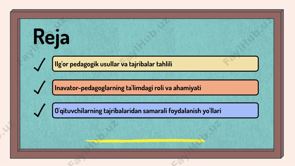 asi va o'zlashtirish ko'rsatkichlari ancha oshdi. ushbu metodlar o'quv jarayonini qiziqarli va interaktiv qilish orqali o'quvchilarning faol ishtirokini ta'minlaydi. o'quvchilarning o'qishdagi motivatsiyasi yuqori bo'lib, bu ularning akademik natijalariga ijobiy ta'sir ko'rsatmoqda. motivatsiya o'quvchilarga o'z bilimlarini amaliyotda qo'llash imkoniyatini beradi, bu ularning o'z-o'zini baholashini va o'z ustida ishlashlarini rag'batlantiradi. kelajakda ilg'or usullarni rivojlantirish istiqbollari juda kengdir. pedagogika sohasidagi yangi texnologiyalar va innovatsiyalar, o'qituvchilarni muntazam ravishda yangilanishlar bilan tanishtirish orqali, ushbu usullarni yanada samarali qo'llash imkoniyatlarini beradi. inavator-pedagoglarning o'ziga xos xususiyatlari inavator-pedagoglar, ta'lim jarayonida yangi g'oyalarni joriy etuvchi va o'z ishida kreativ yondashuvni qo'llaydigan mutaxassislardir. ular ta'limni yanada samarali qilish maqsadida doimiy ravishda yangi usullar va texnologiyalarni o'rganadilar. 1. ijodkorlik: ular darslarni qiziqarli va innovatsion tarzda o'tkazish uchun yangi g'oyalarni ishlab chiqadilar. 2. yangilikka ochiqlik: inavator-pedagoglar yangi texnologiyalarni o'rganishga va ulardan foydalanishga tayyor. 3. texnologiyalarga moslashuv: ular zamonaviy texnologiyalarni ta'lim jarayonida qo'llab, ta'limni yanada samarali qilishadi. ushbu xususiyatlar orqali inavator-pedagoglar ta'lim jarayonini …