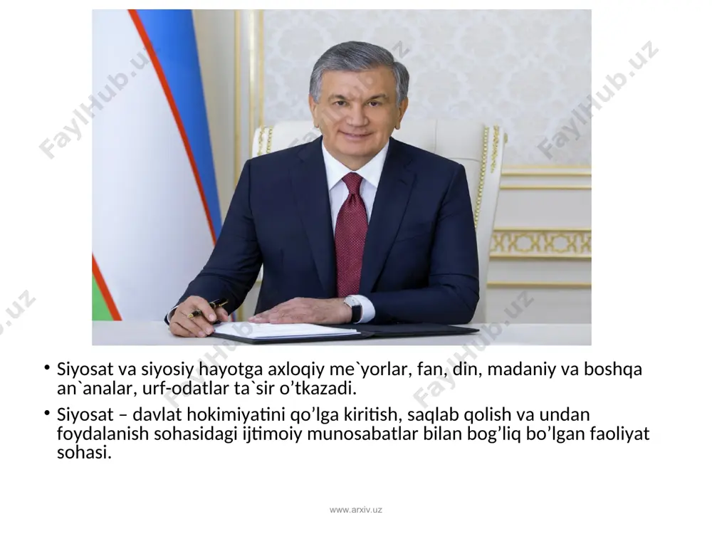 alqaro obro’si, uning xalqaro hayotdagi etakchi tamoyillar va jarayonlarga ta`sir o’tkazish darajasi hisoblanadi. o’z navbatida ichki siyosat sohasidagi muvaffaqiyatlar davlatning tashqi siyosatida ham o’z ifodasini topadi. uning xalqaro maydondagi kuchi, obro’si va ommaviyligini o’stiradi. www.arxiv.uz www.arxiv.uz ijtimoiy siyosat davlat ichki siyosatining tarkibiy qismi bo’lib, uning ijtimoiy dasturlari va amaliyotida o’z ifodasini topadi va jamiyatdagi munosabatlarni aholi asosiy ijtimoiy guruhlari manfaatlari yo’lida va shu manfaatlar orqali tartibga soladi. ijtimoiy siyosat kelib chiqishiga ko’ra, barcha ijtimoiy vazifalarni hal qilishning belgilovchi moddiy asosi bo’lgan va bo’lib kelayotgan iqtisodiyotga nisbatan ikkilamchidir. xar qanday ijtimoiy dasturlar agar ular iqtisodiy jihatdan ta`minlangan bo’lmasa, ular hech narsaga arzimaydi. biroq, iqtisodiyot va siyosatning munosabatlarini davlatning iqtisodiy va ijtimoiy siyosati orasidagi munosabatlarga tenglashtirib bo’lmaydi. bu o’rinda siyosatning har ikki turi o’rtasidagi o’zaro ta`sir alohida ahamiyatga ega bo’ladi. unda goh biri, goh ikkinchisi etakchilik qiladi. www.arxiv.uz www.arxiv.uz kishilarning ehtiyojlariga har qanday e`tiborsizlik, mehnat, maishiy turmush, hordiqning ijtimoiy jihatlariga e`tiborning pasayishi, …