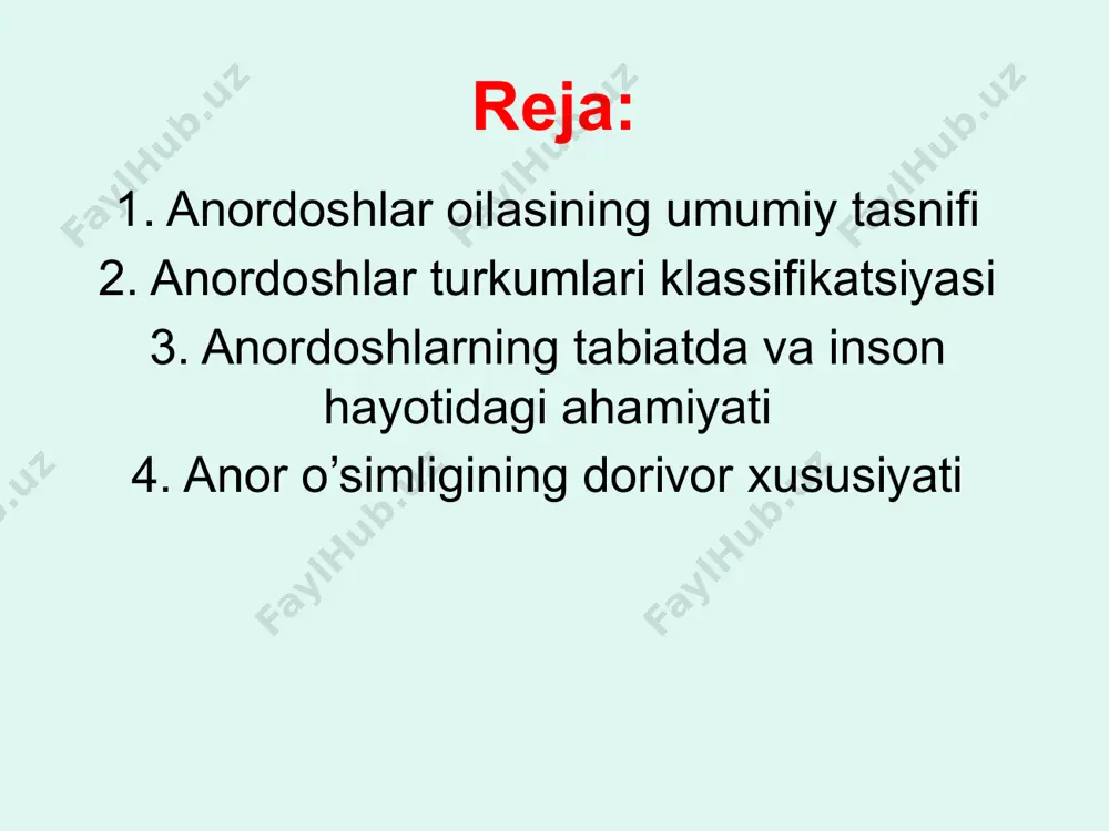 i ko’zacha shaklli, uzun urug’chisi bo’lib, ular meva tugadi, ikkinchilari qo’ng’iroq shaklli qisqa urug’chisi bo’lib, meva tugmaydi. tugunchalari ostki, birin - ketin joylashgan ikki qator mevachi barglardan tuzilgan. anor, asosan, o’zbekistonda, ozarbayjonda, krasnodar o`lkasida, qrimda, janubiy qozog`istonda va dog’istonda keng tarqalgan. hozirgi madaniy anor uning yovvoyi turidan selektsiya yo`li bilan chiqarilgan. pishgan mevasi tarkibida 15-19% shakar, 1,2-2,6 % kislotalar, sharbatida esa shifobaxsh temir hamda ko`p miqdorda tannin moddasi bo’ladi (hojimatov va b., 1995). image1.jpeg image2.jpeg image3.jpeg image4.jpeg image5.jpeg image6.jpeg /docprops/thumbnail.jpeg