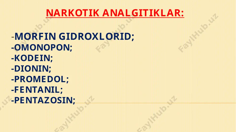 lasi quriydi, kaxeksiya, sochlari to’kiladi, shaxs sifatida tanazzulga yuz tutadi, yuqumli kasallik qo’shilsa o’limga olib keladi. foydalanilgan adabiyotlar: аzizova s.s. farmakologiya. тоshkenт, 2006y. xarkevich d.а. farmakologiya. моsкvа, 2010y. bazarova l. lotin tili va farmasevtik terminologiya asoslari.тоshkеnт, 2017y. saliho`jayev z. dоri vositalari qo`llanmasi. тоshkеnт, 2015y. маshkovskiy м.d. lekarstvenniye sredstva. моskvа, 2010y. www.evrofarm.uz image3.jpg image4.jpg image5.jpg image6.jpg image7.jpg