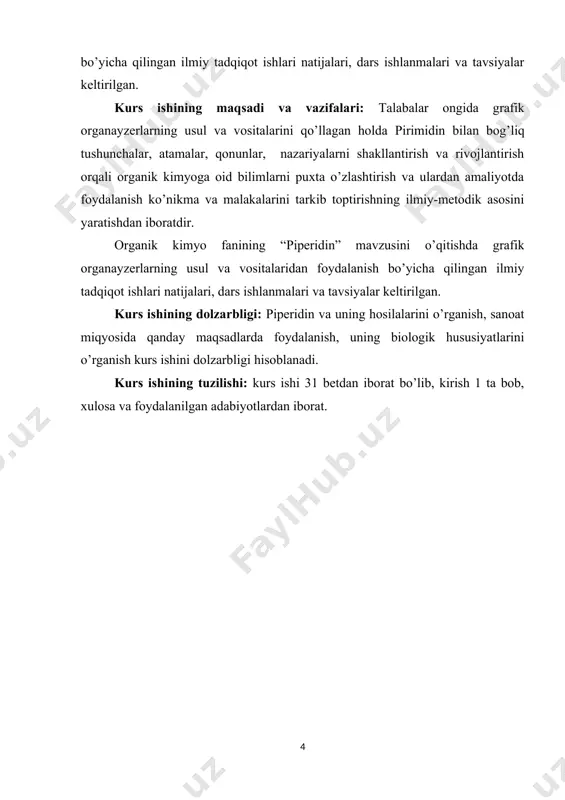 va 6 - holatlar a, a' bilan, 3 va 5-holatlar p, 5' bilan, 4-holat esa у bilan belgilananadi. masalan: furan. 1. furankarbon kislotani dekarbokisllab olinadi. (1) 2. natron ohak ustidan 350-360 da yoki maydalangan nikelo ustidan 200 dan furfural o’tkazilib olinadi. (1) 3. sliz kislotodan - furankarbon kislota olinadi. (1) 4. 1,4 diketon va dialdegidlarni degidratlab olish. (1) pirrol. pirrol quyidagi usullar bilan olinadi: 1. furanga ammiak ta'sir ettirib. (5) 2. amoniy saxaratning gliserindagi eritmasini qizdirib. (4) 3. 1,4 diketonlarga ammiak yoki birlamchi aminlar ta'sir ettirib. (1) 4. kislorodli gidridlangan pirrol hosilalarini qaytarib. (1) 5. ammiak va 1,4-butindiol bug’i 300 da al2o3 va toriy oksid aralashmasi ustidan o’tkazilib olish. (1) tiofen. tiofen quyidagi usullar bilan olinadi: 1. furan bo’g’ini h2s bilan birga 450 da al2o3 ustidan o’tkazish orqali. (5) 2. qaynab turgan s ga divinil yoki izopren ta’sir ettirish orqali. (5) 3. qahrabo kislotaning natriyli tuziga fosfor (iii) sulfid ta'sir …